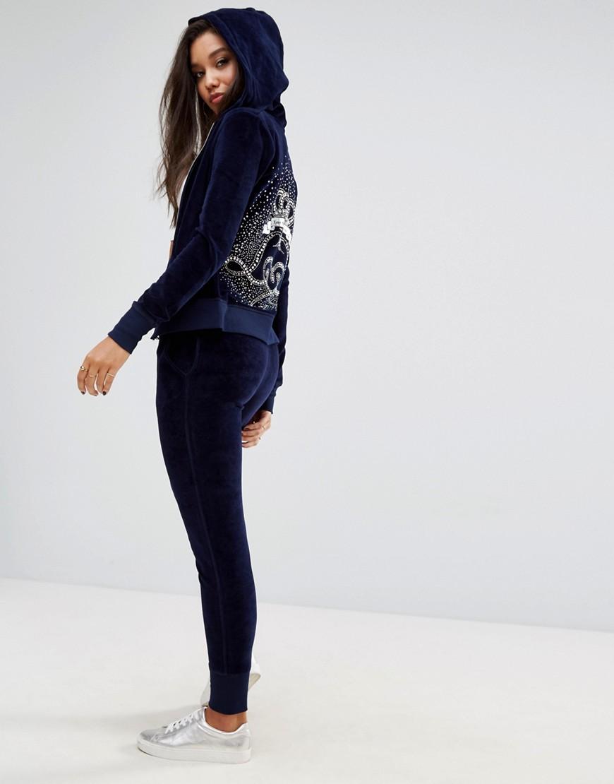 Lipsy Cotton Velour Hoodie With Diamonte Crown Back in Navy (Blue) - Lyst