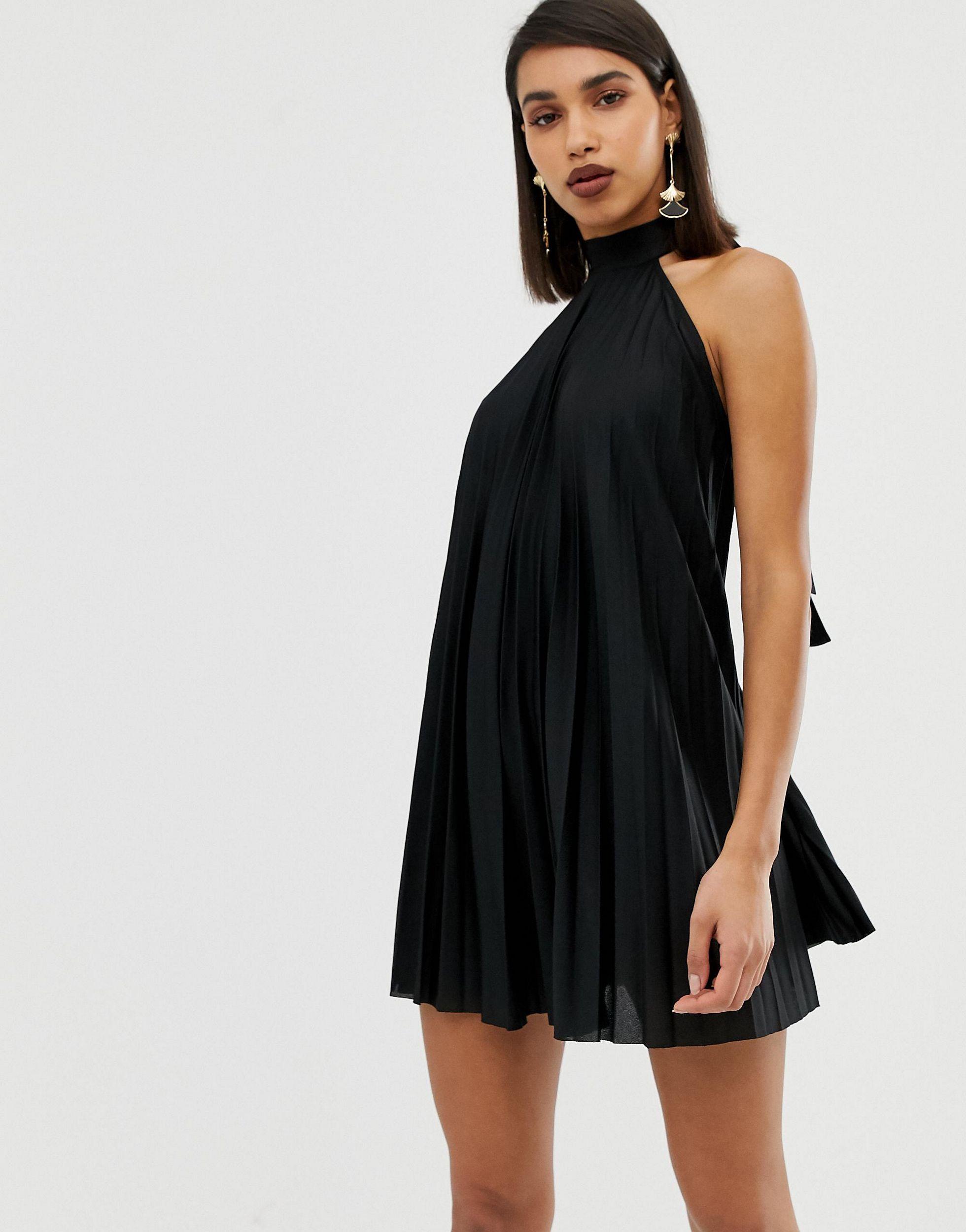 ASOS Denim Backless Halter Pleated Mini Dress in Black - Lyst