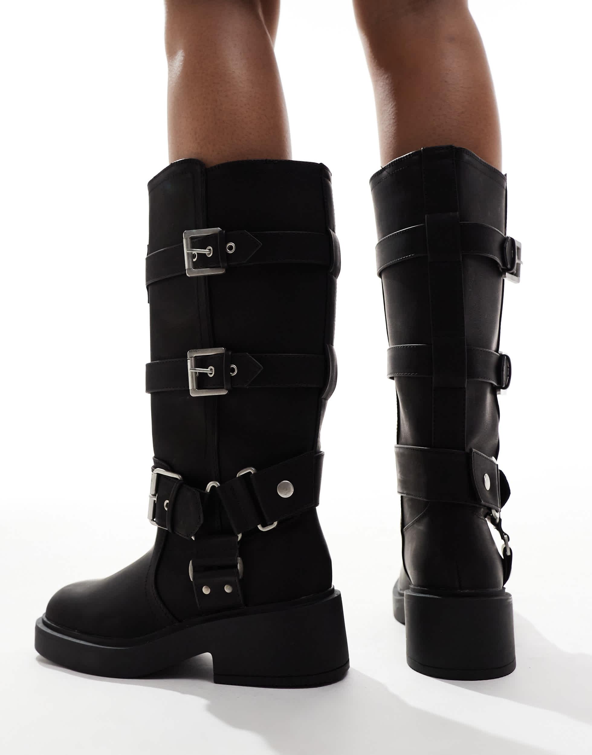 ASOS Captain Multi-buckle Biker Knee Boots in Black | Lyst