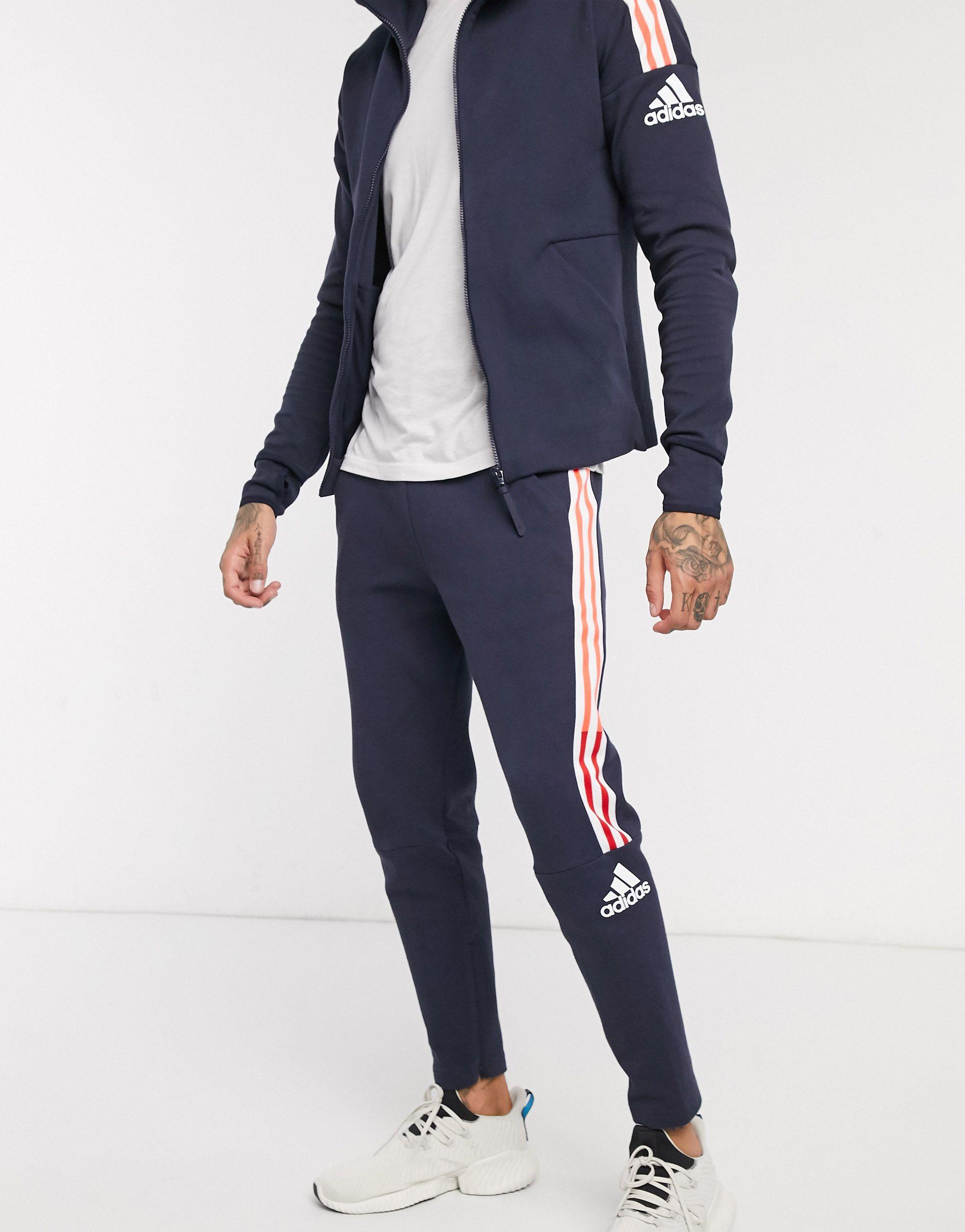 Adidas Originals Cotton Adidas Zne 3 Stripe Joggers In Navy Blue For Men Lyst