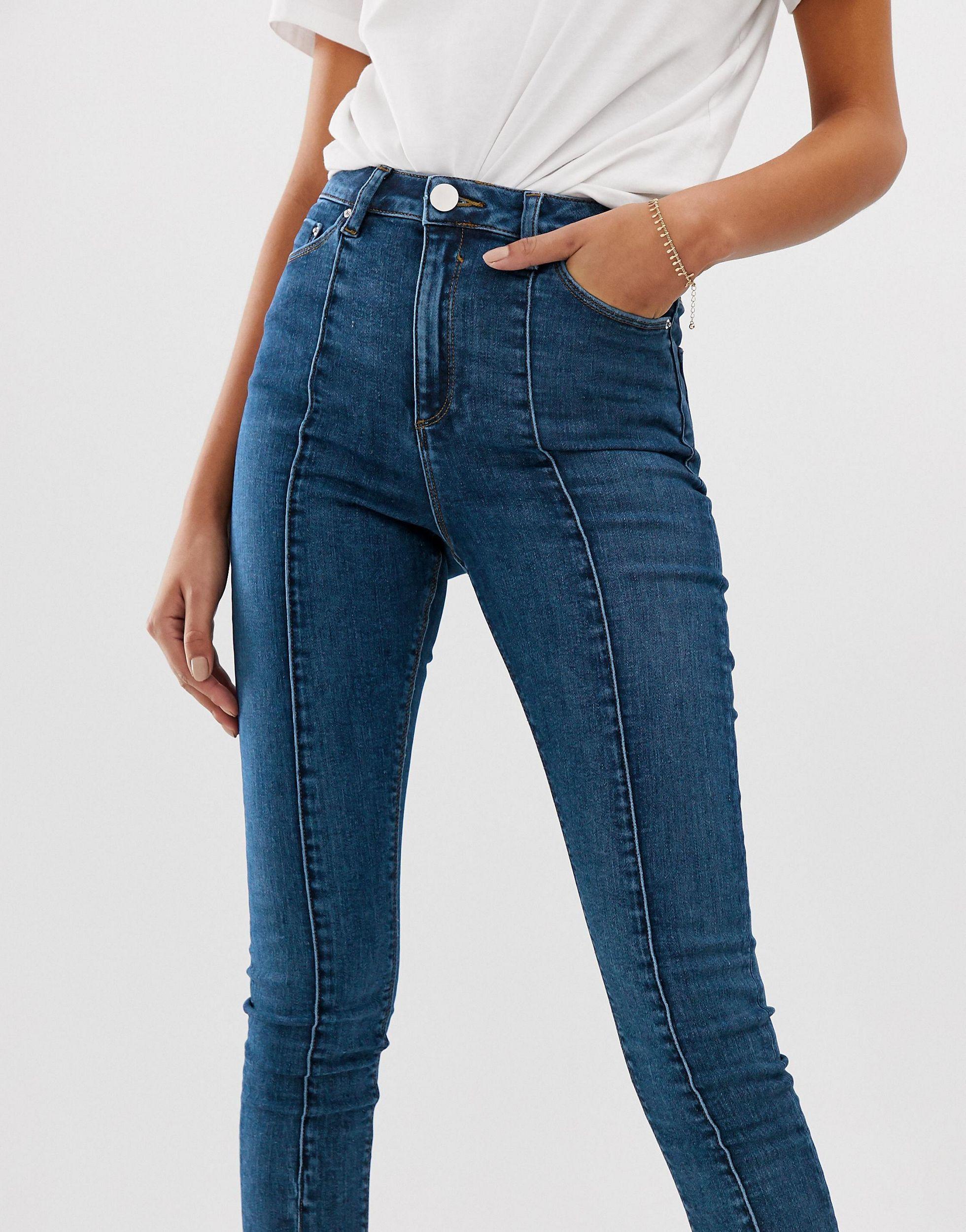 Asos Denim Ridley High Waisted Skinny Jeans In Mid Wash Blue With Front
