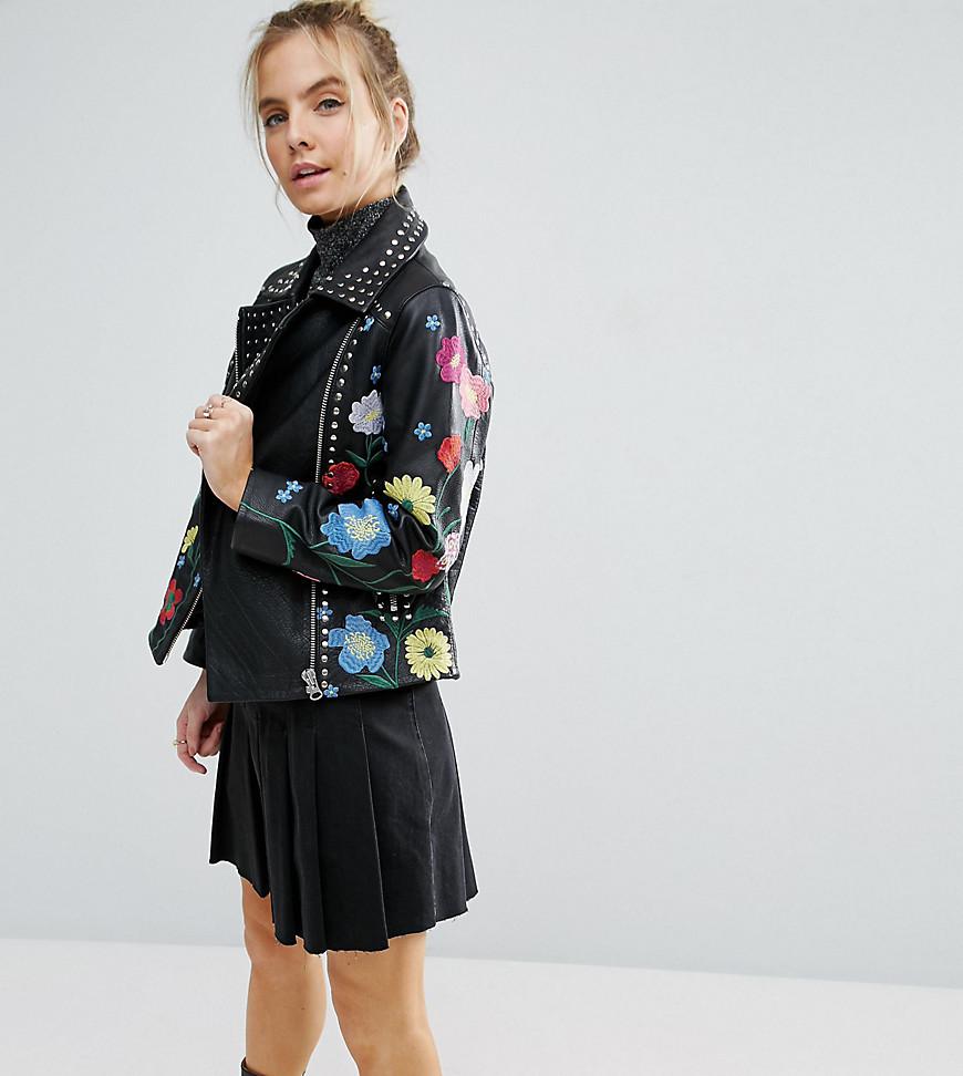 Floral Embroidered Leather Moto Jacket