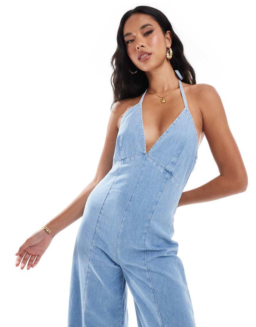 River Island Halter Denim Jumpsuit in Blue Lyst UK
