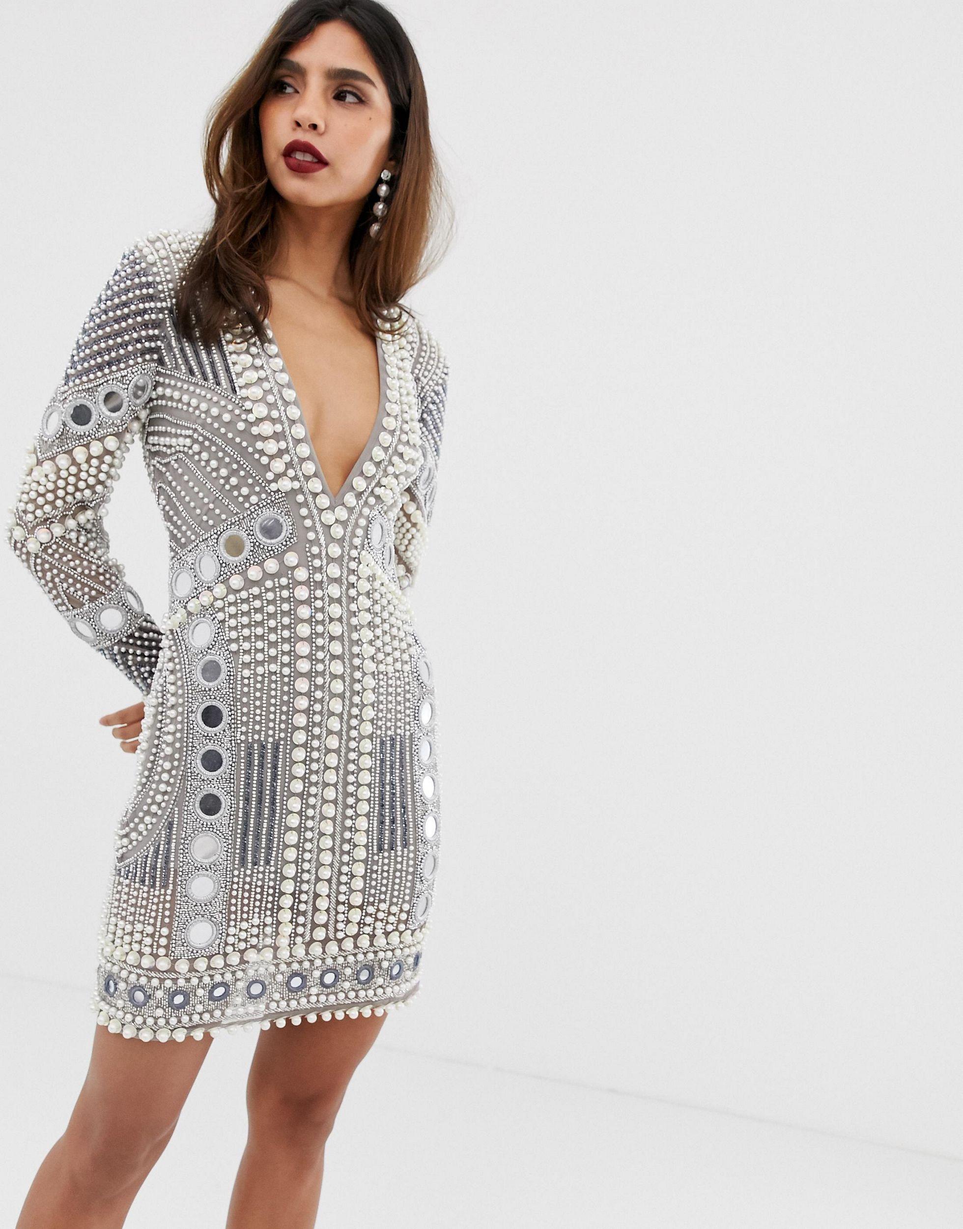 ASOS Disc And Pearl Mini Dress in Gray | Lyst