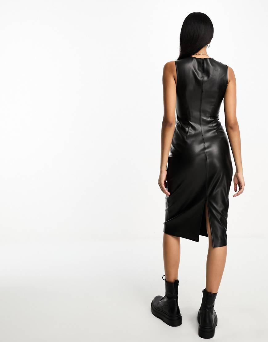 Stradivarius Faux Leather Tank Midi Dress in Black | Lyst UK