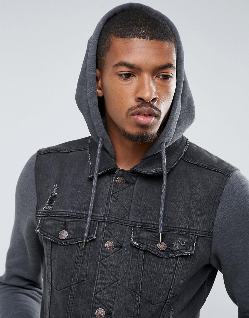 Hollister Holliser Denim Jacket With Jersey Sleeves And Hood in Black for  Men | Lyst