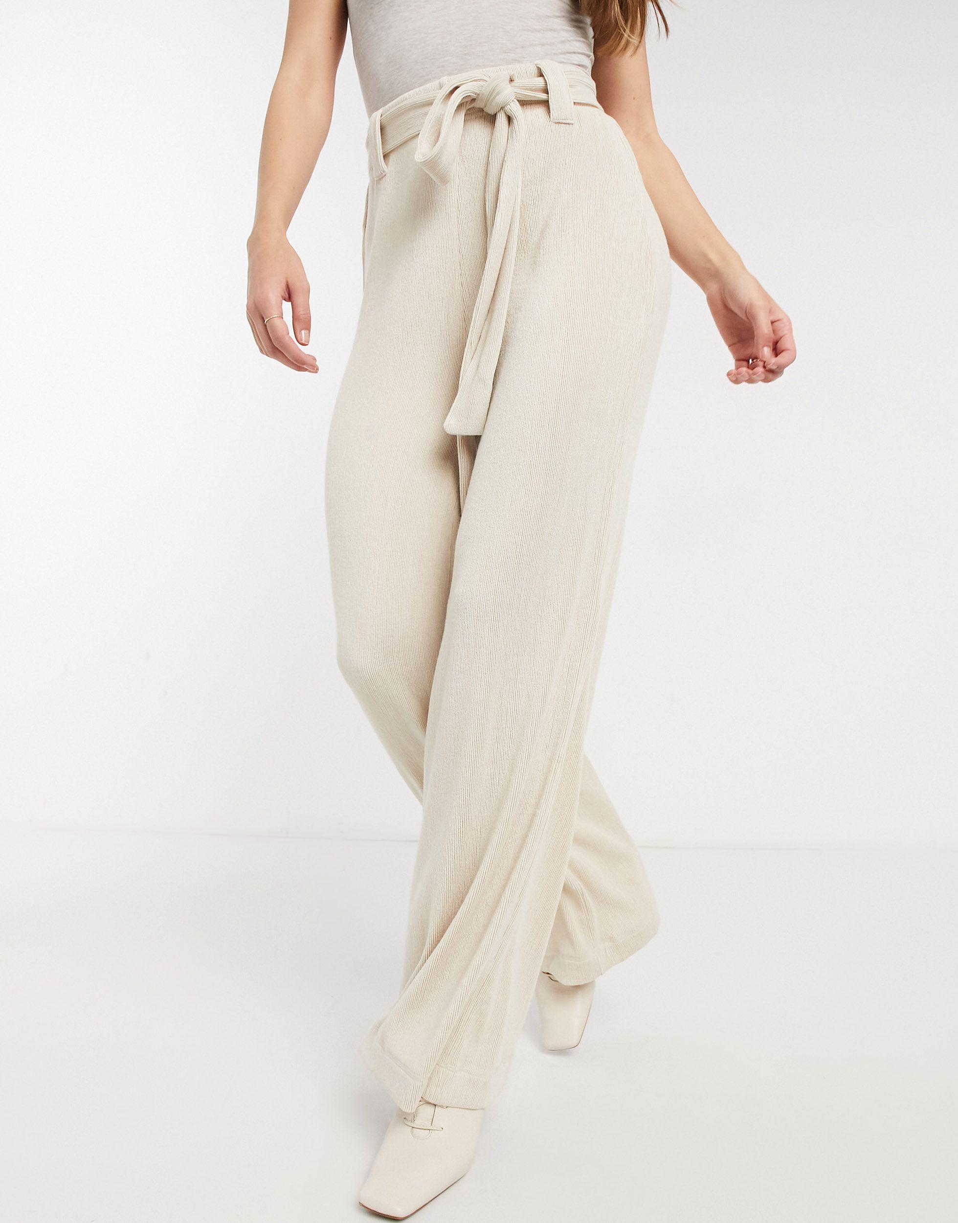 Mango Wide Leg Trouser With Tie in Natural | Lyst