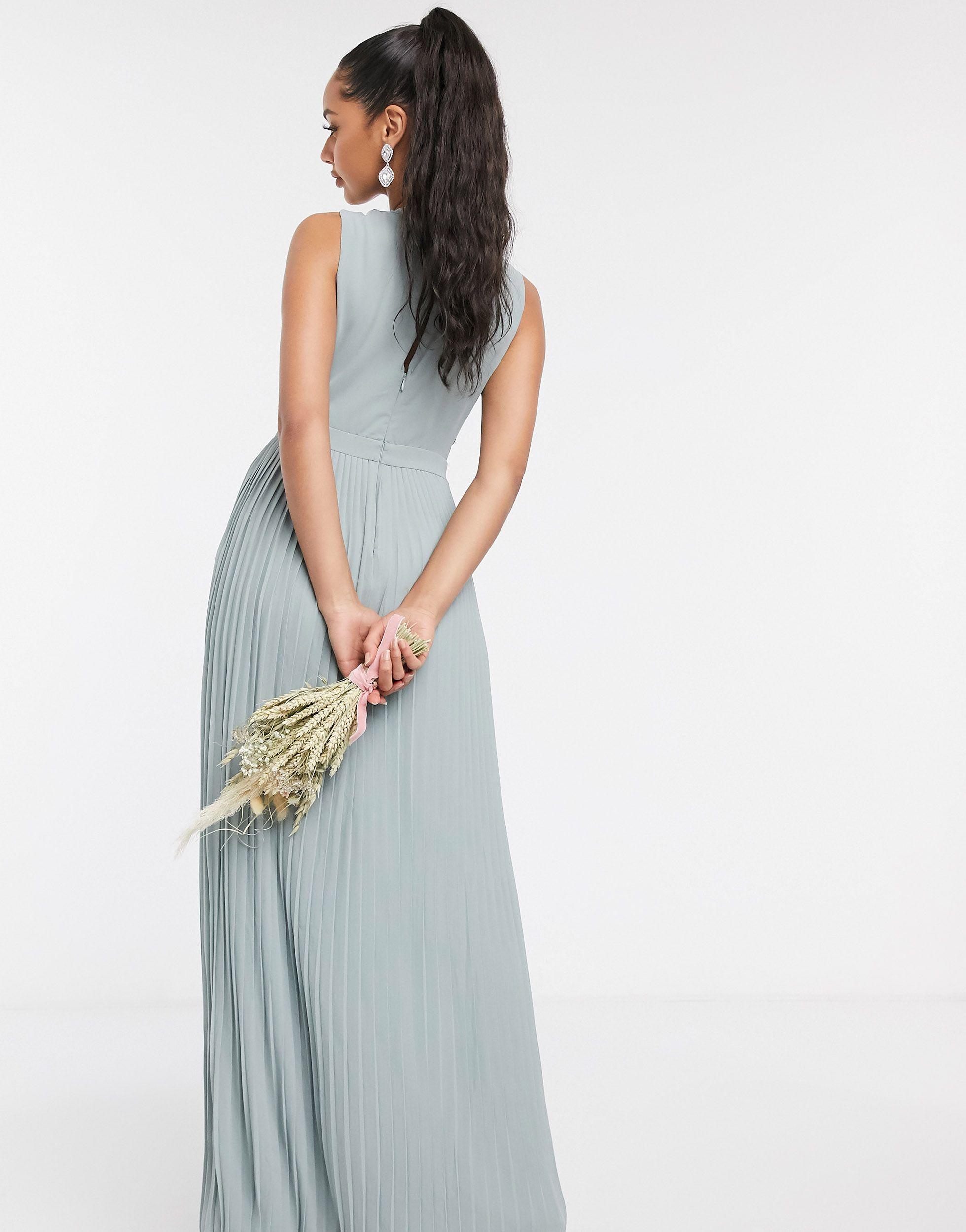 tfnc petite bridesmaid exclusive high neck pleated maxi dress in sage