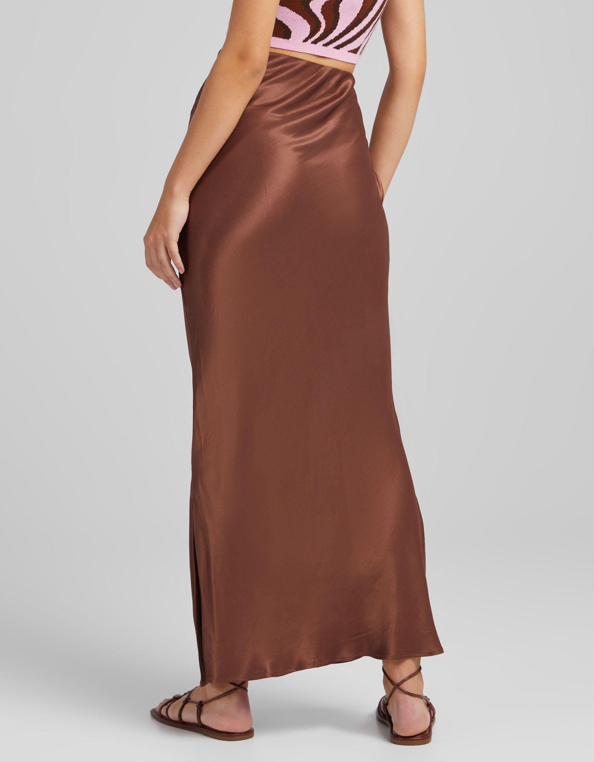 Bershka Satin Midi Skirt in Brown | Lyst