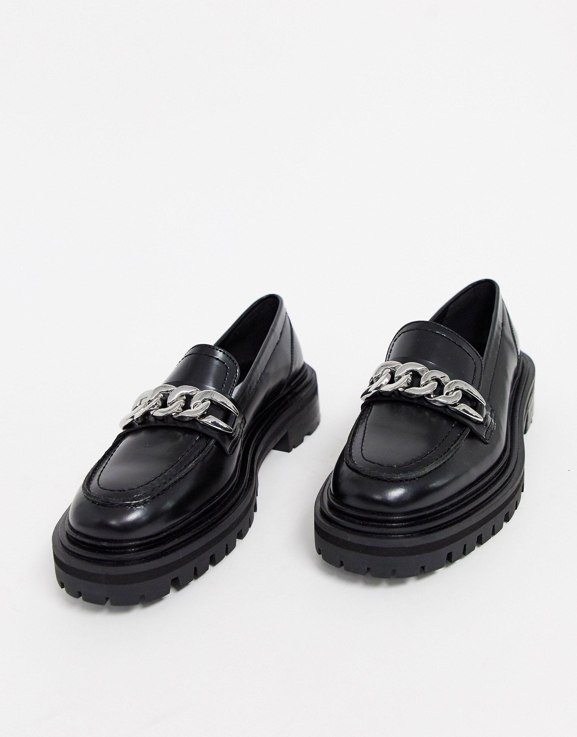 ASOS Mystery Premium Leather Chunky Flat Shoes With Chain in Black