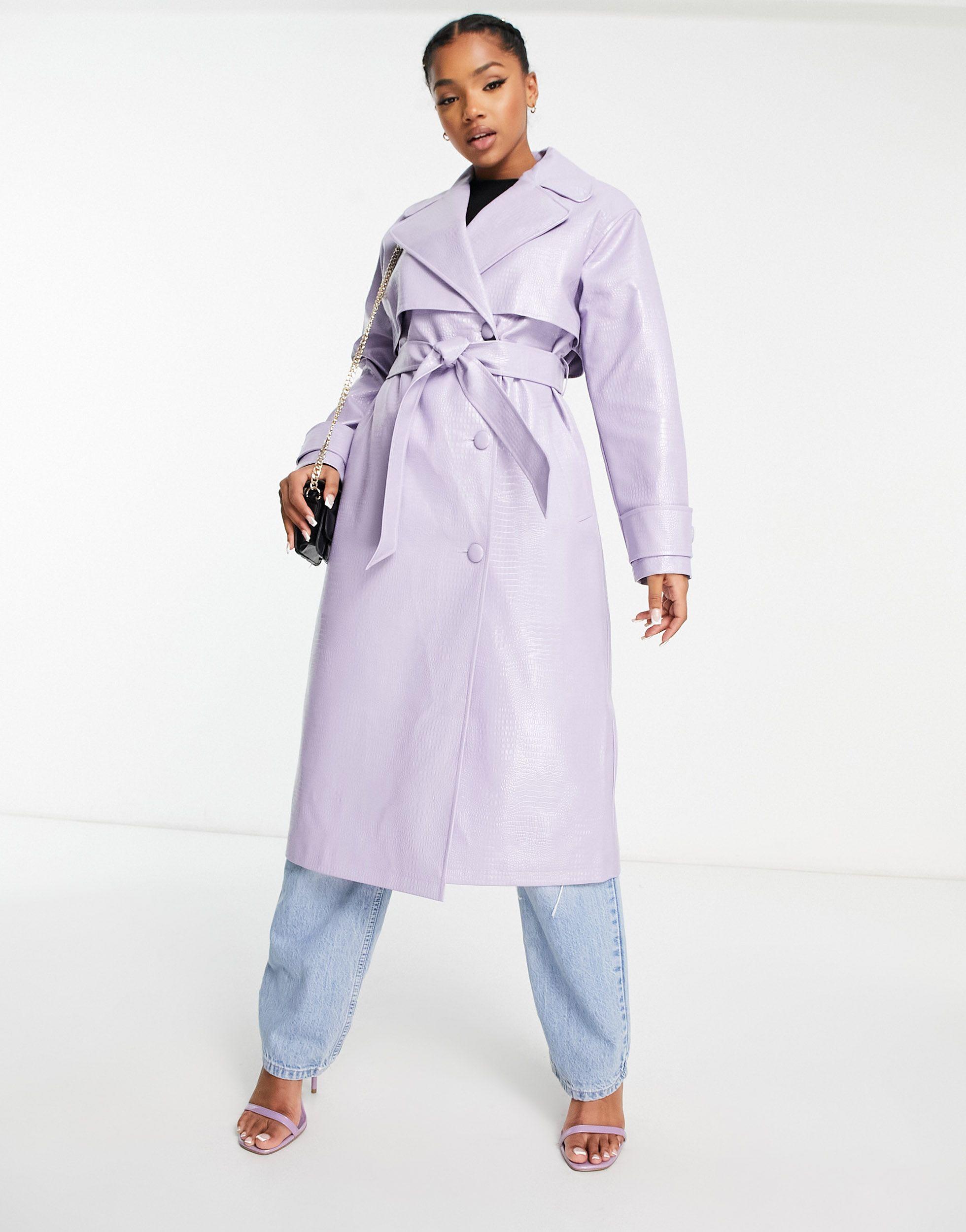 Miss Selfridge Croc Faux Leather Trench Coat in White | Lyst