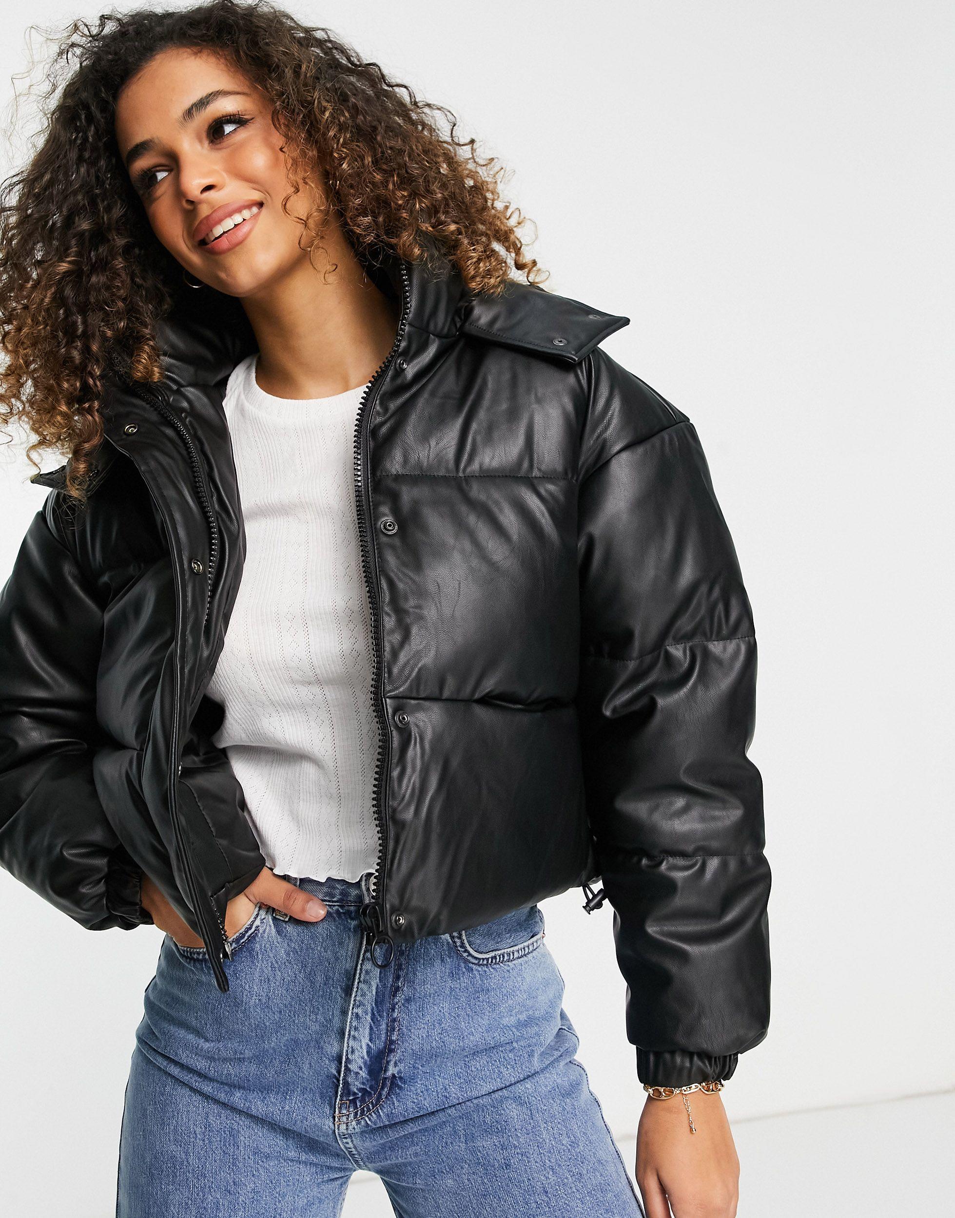 TOPSHOP Faux Leather Hooded Puffer 