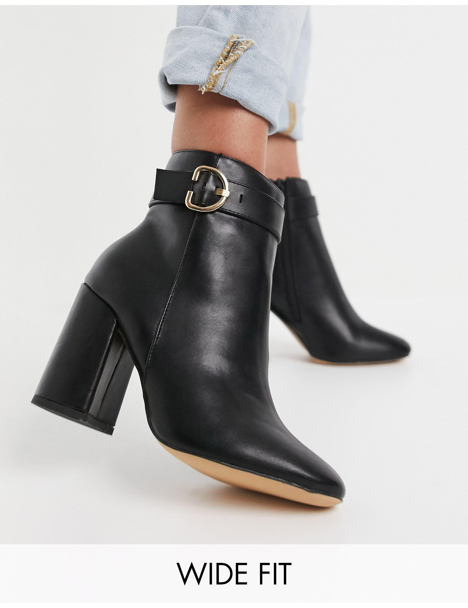 London Rebel Wide Fit Block Heel Ankle Boots With Gold Trim in Black - Lyst