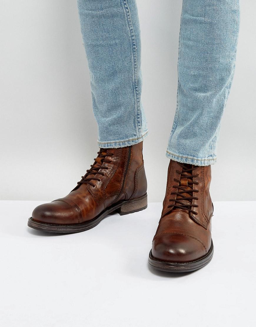 Jack & Jones Russel Leather Lace Up Boots in Brown for Men - Lyst
