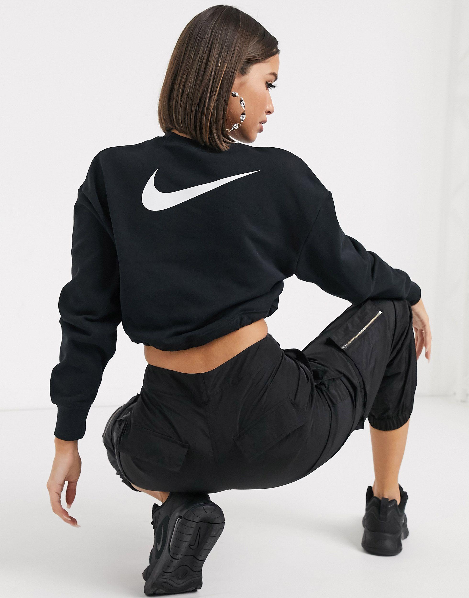 Nike Cotton Elastic Drawcord Cropped Mini Swoosh Black Sweatshirt - Lyst
