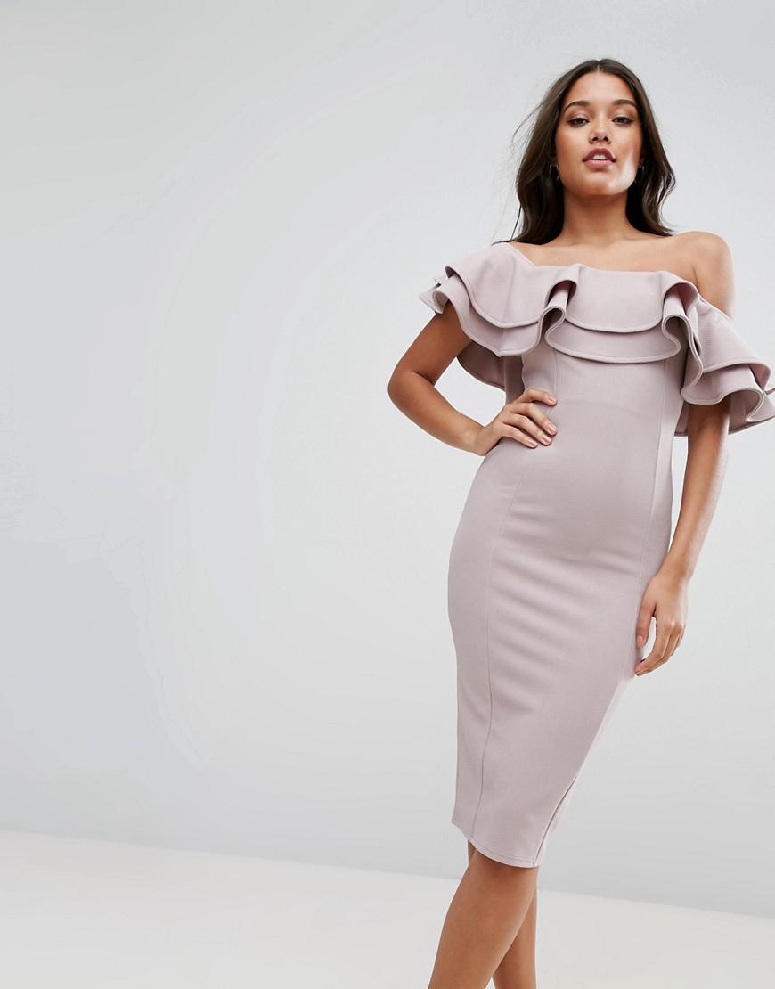 ruffle bardot midi dress