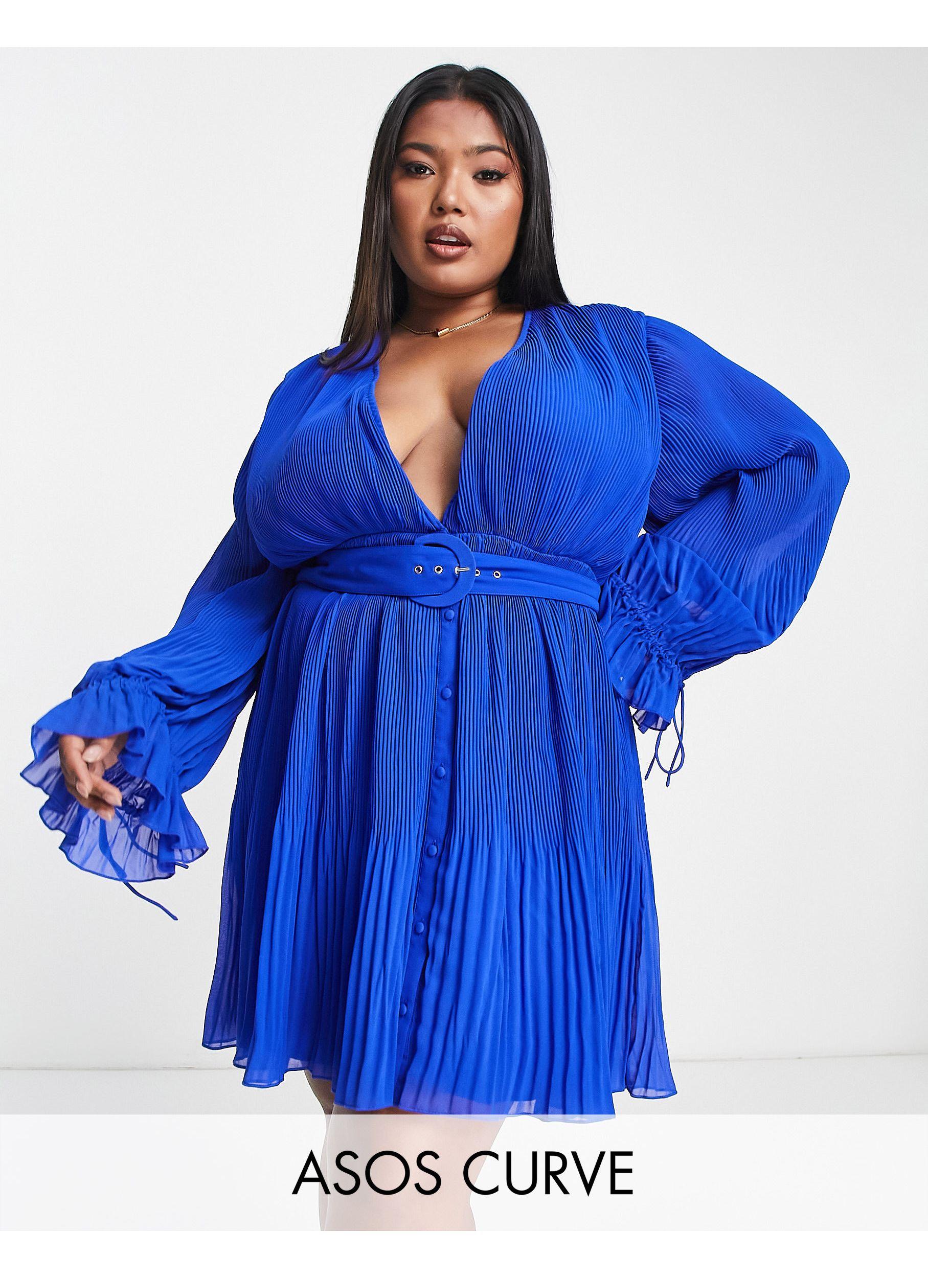 ASOS Asos Design Curve Pleated Blouson Sleeve Mini Dress With Belt Detail  in Blue | Lyst Canada