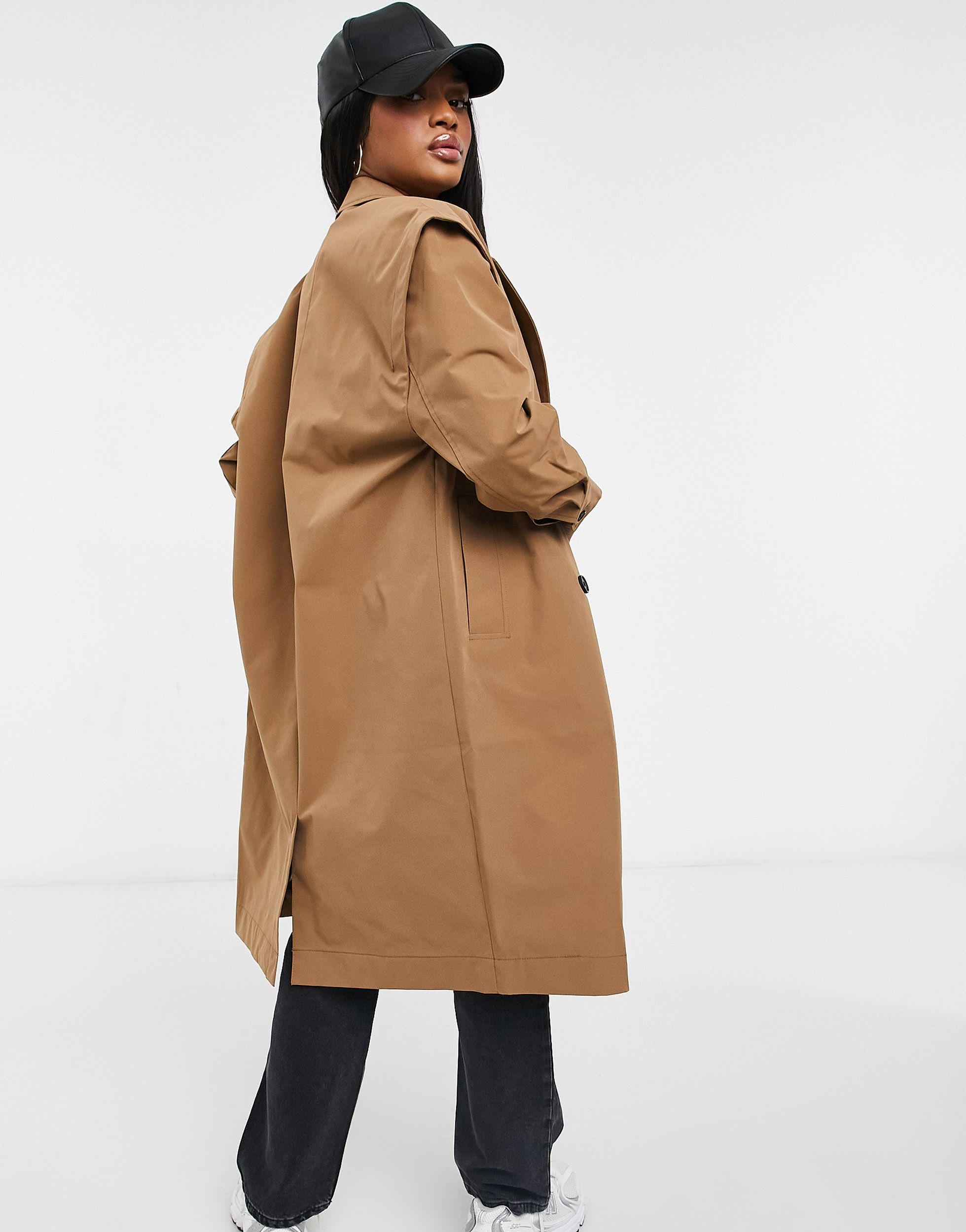 Noisy May Drop Shoulder Trench Coat in Brown (Natural) | Lyst