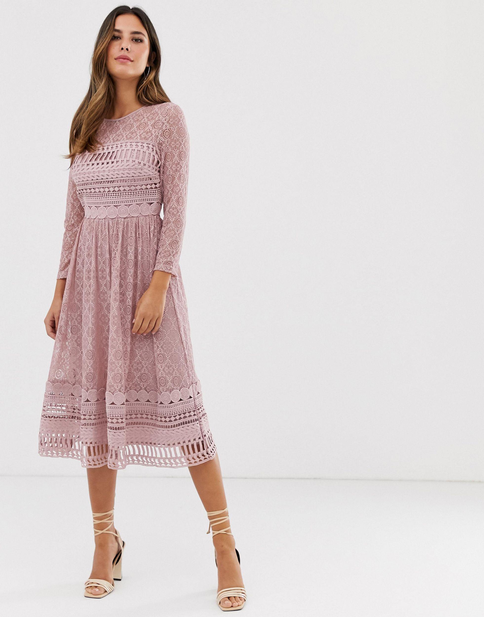 ASOS Lace Midi Skater Dress in Pink | Lyst