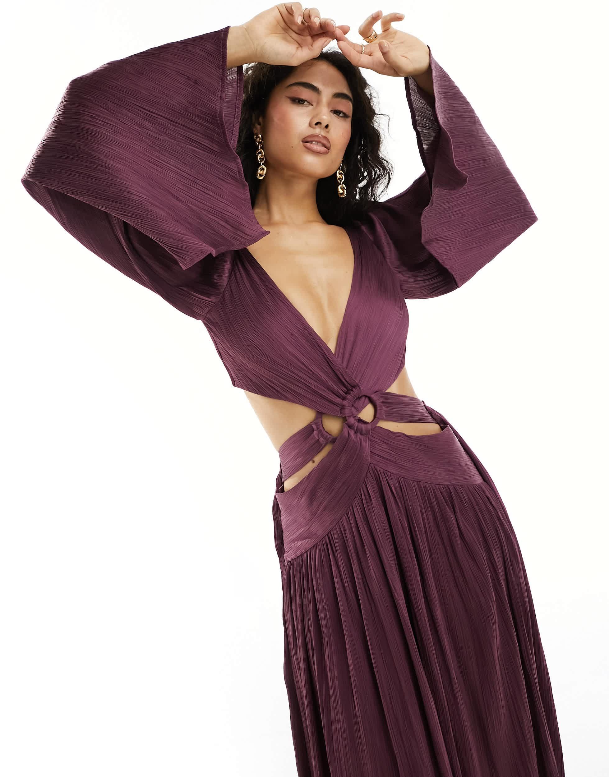 petite burgundy satin wrap detail maxi dress Celena Maxi Dress Petite | Burgundy Burnout | Womens main image 1