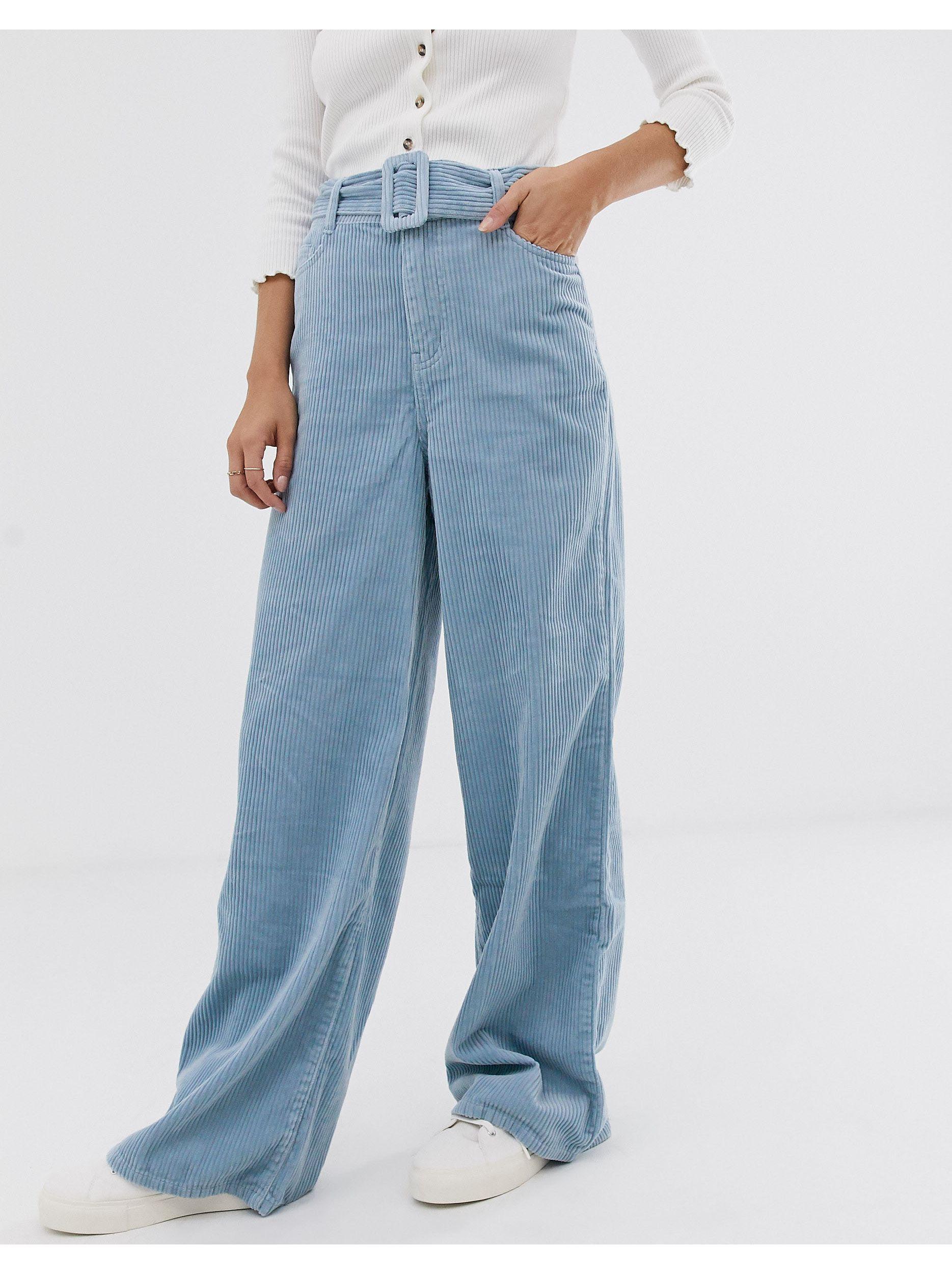 Urban Bliss Denim Cord Wide Leg Trousers With Self Belt Detail in Blue -  Lyst