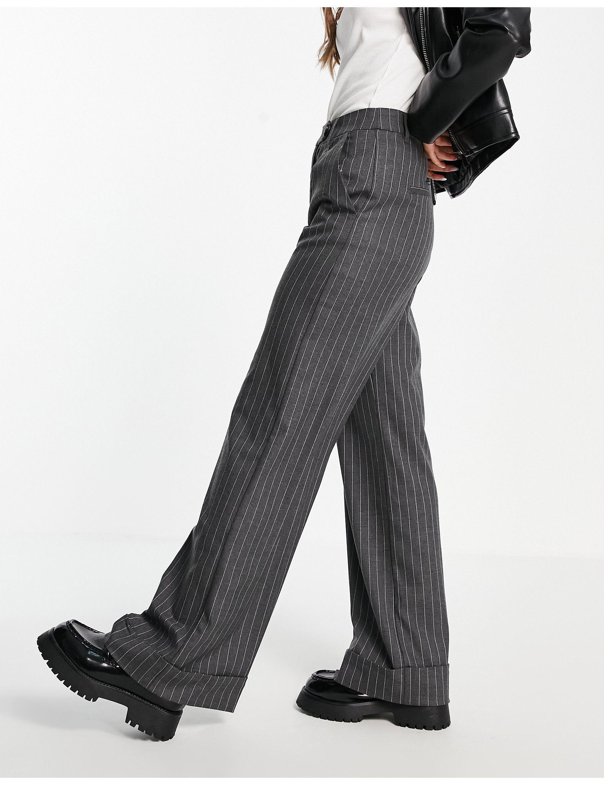 Bershka Pinstripe Maxi Wide Leg Trouser in Grey (Gray) | Lyst