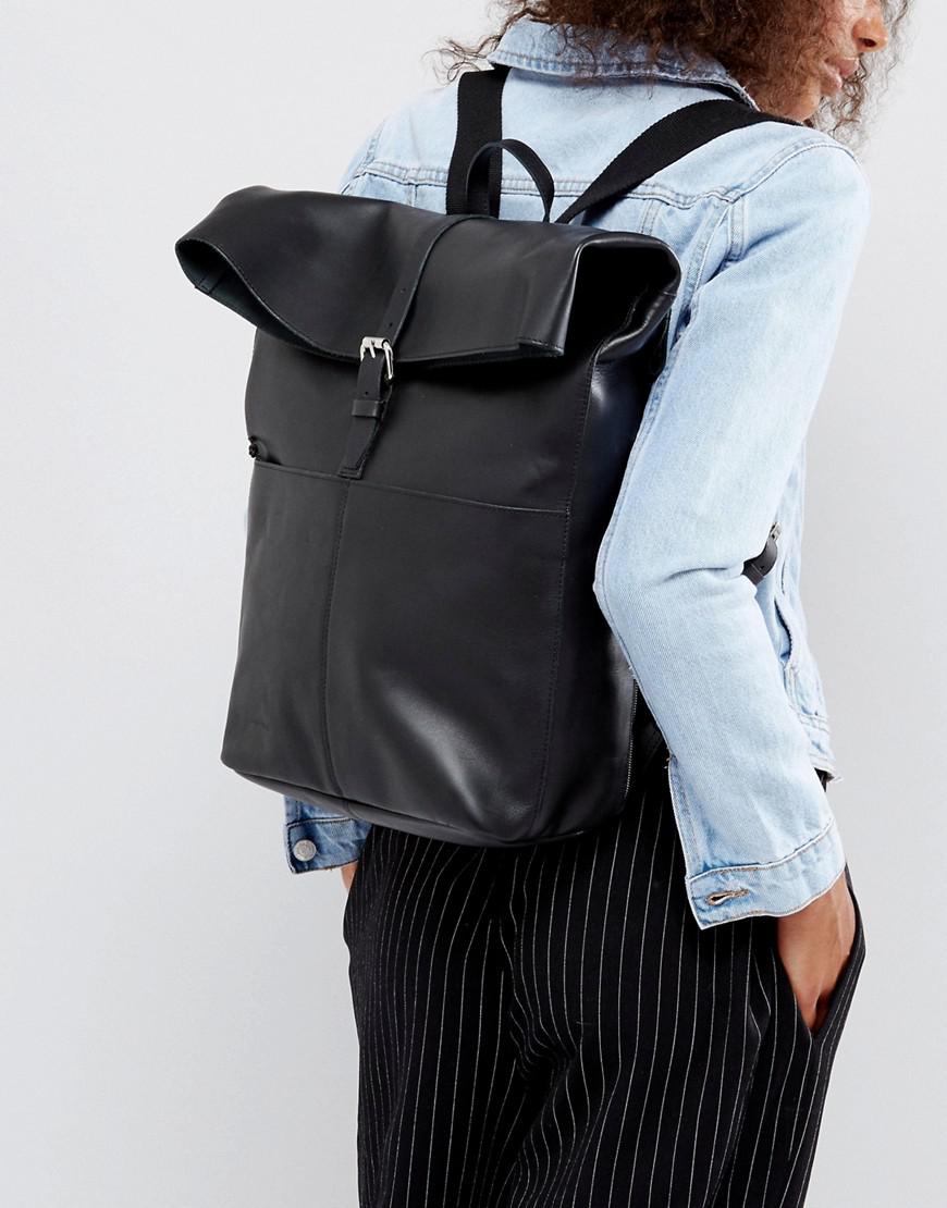 Antonia Black Leather Roll Top Backpack