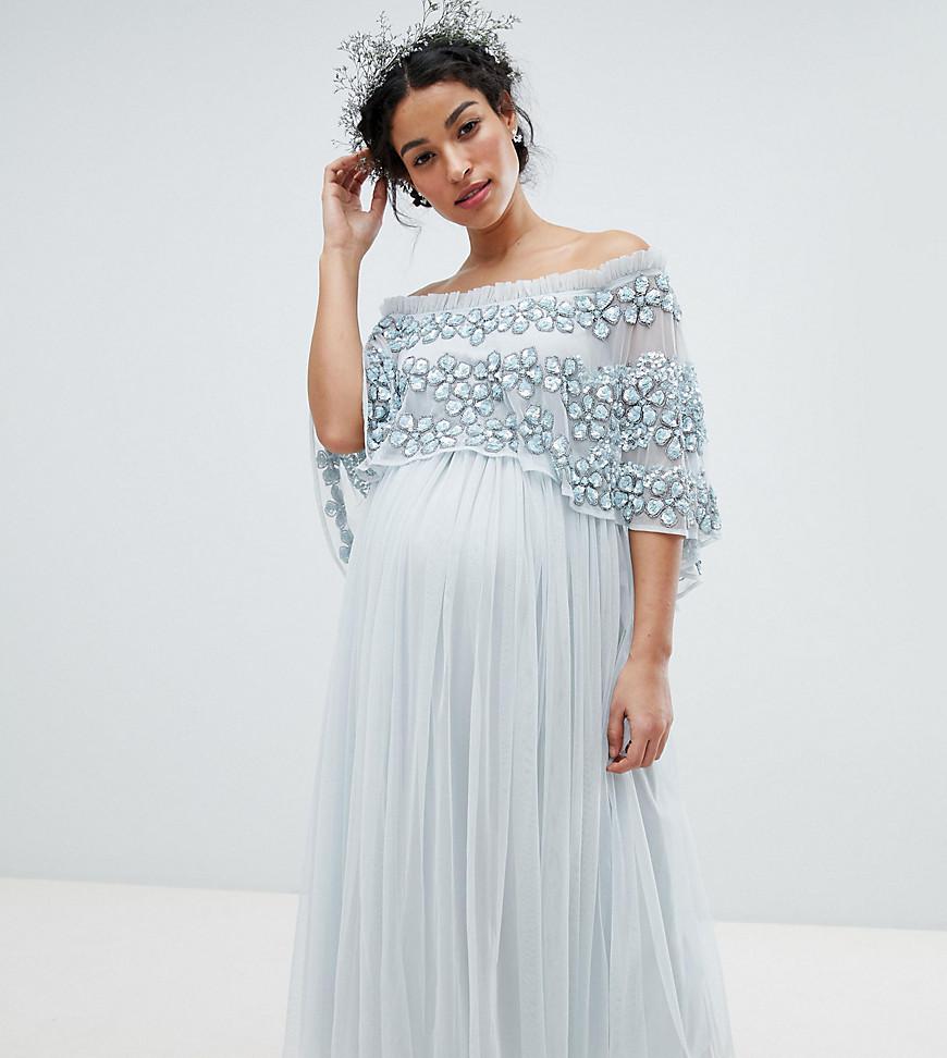 Maya Maternity Embellished Bardot Layered Midaxi Dress in Blue