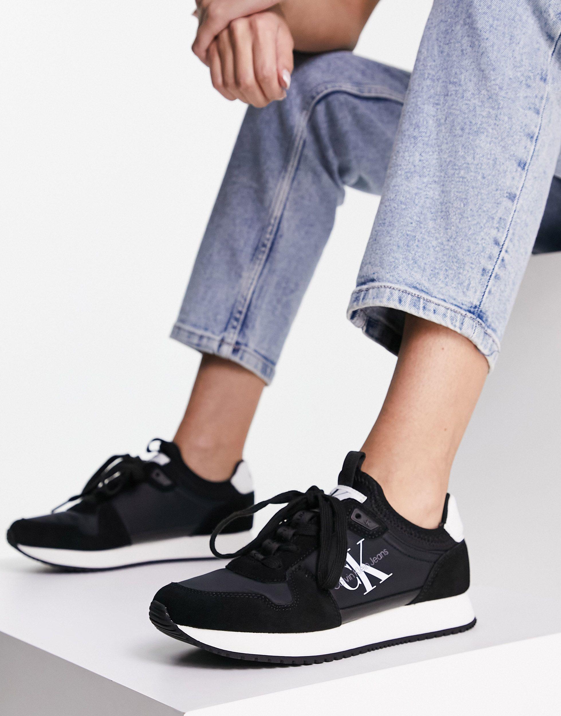 Calvin Klein Jeans monogram logo retro tennis sneakers in black