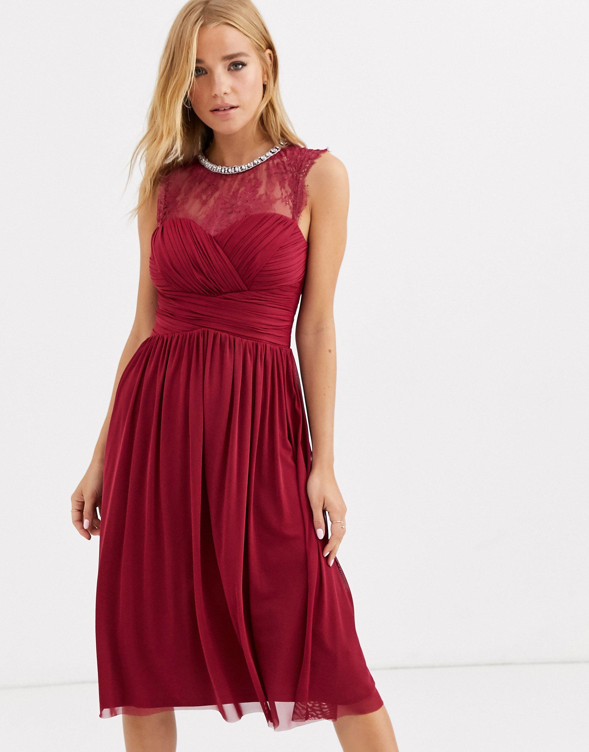 Lipsy Ruched Midi Dress With Lace Yolk ...