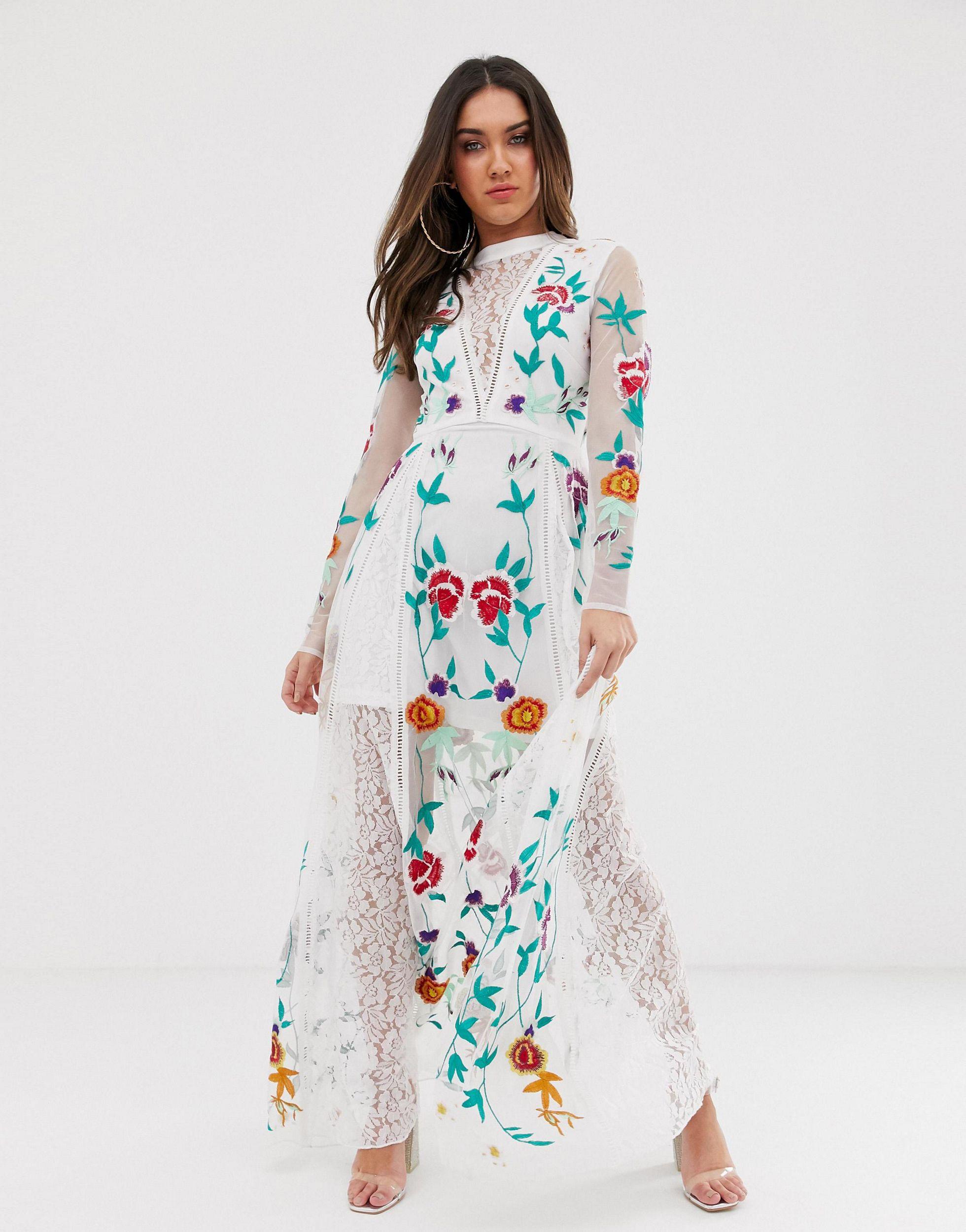 Frock and Frill Allover Floral Embroidered Prairie Maxi Dress in White |  Lyst