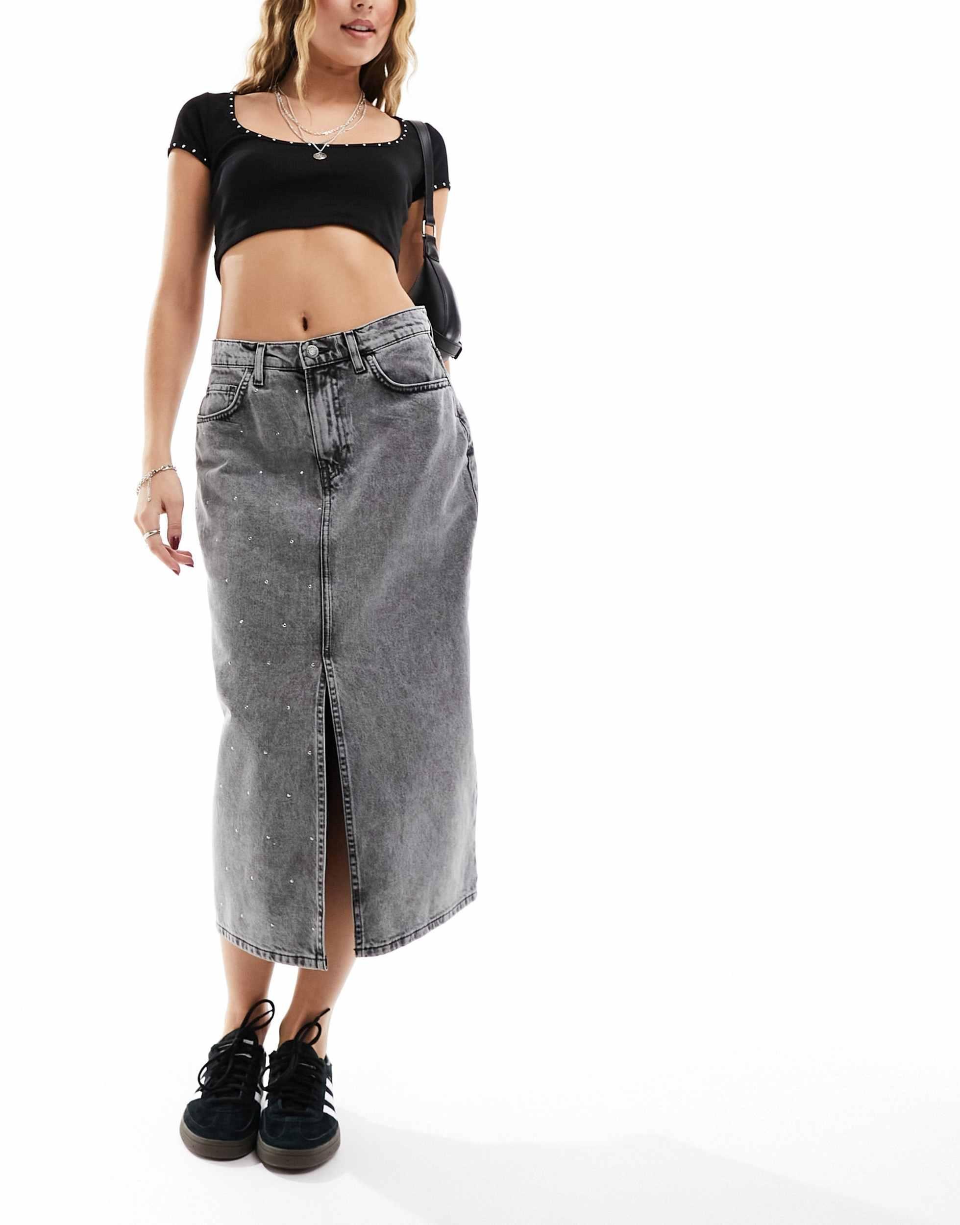ONLY Denim Midi Rok Met Studs En Split Aan in het Grijs Lyst NL