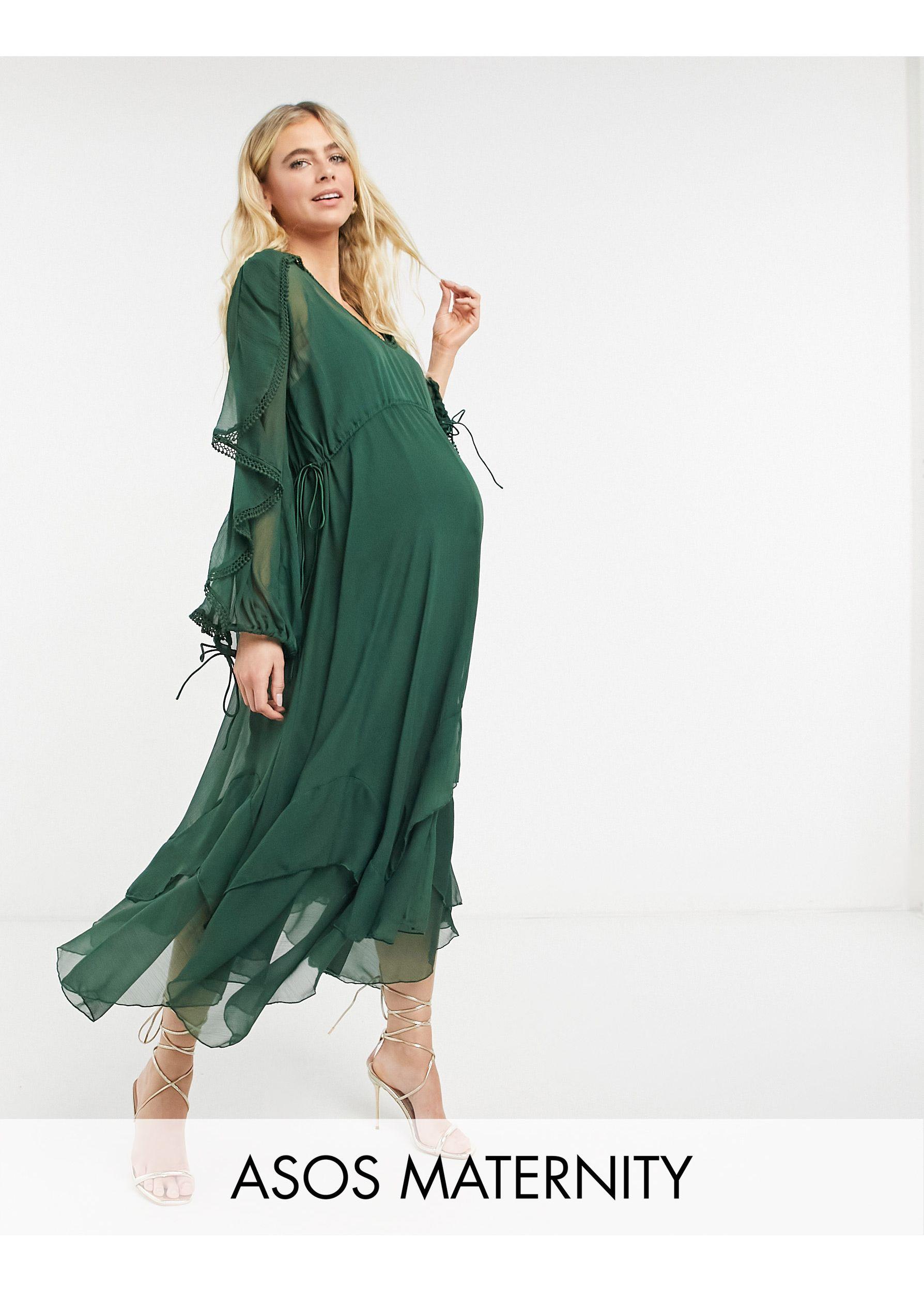 ASOS Maternity Drape Ruffle Midi Dress With Lace Insert And Tassel Detail  in Green