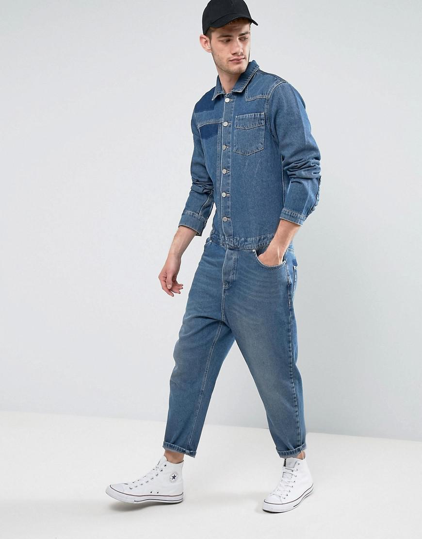 ASOS Denim Boiler Suit In Vintage Mid Wash With Shadow Patching And Hem  Detail in Blue for Men | Lyst