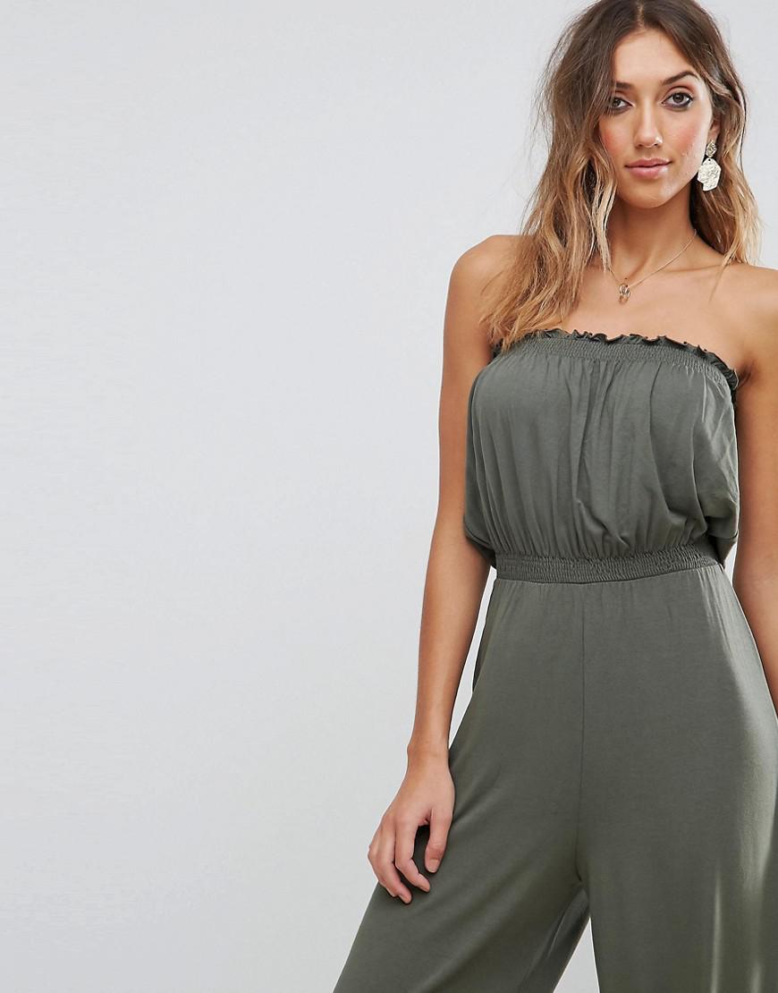 ASOS Synthetic Bandeau Jersey Jumpsuit With Wide Leg in Green - Lyst