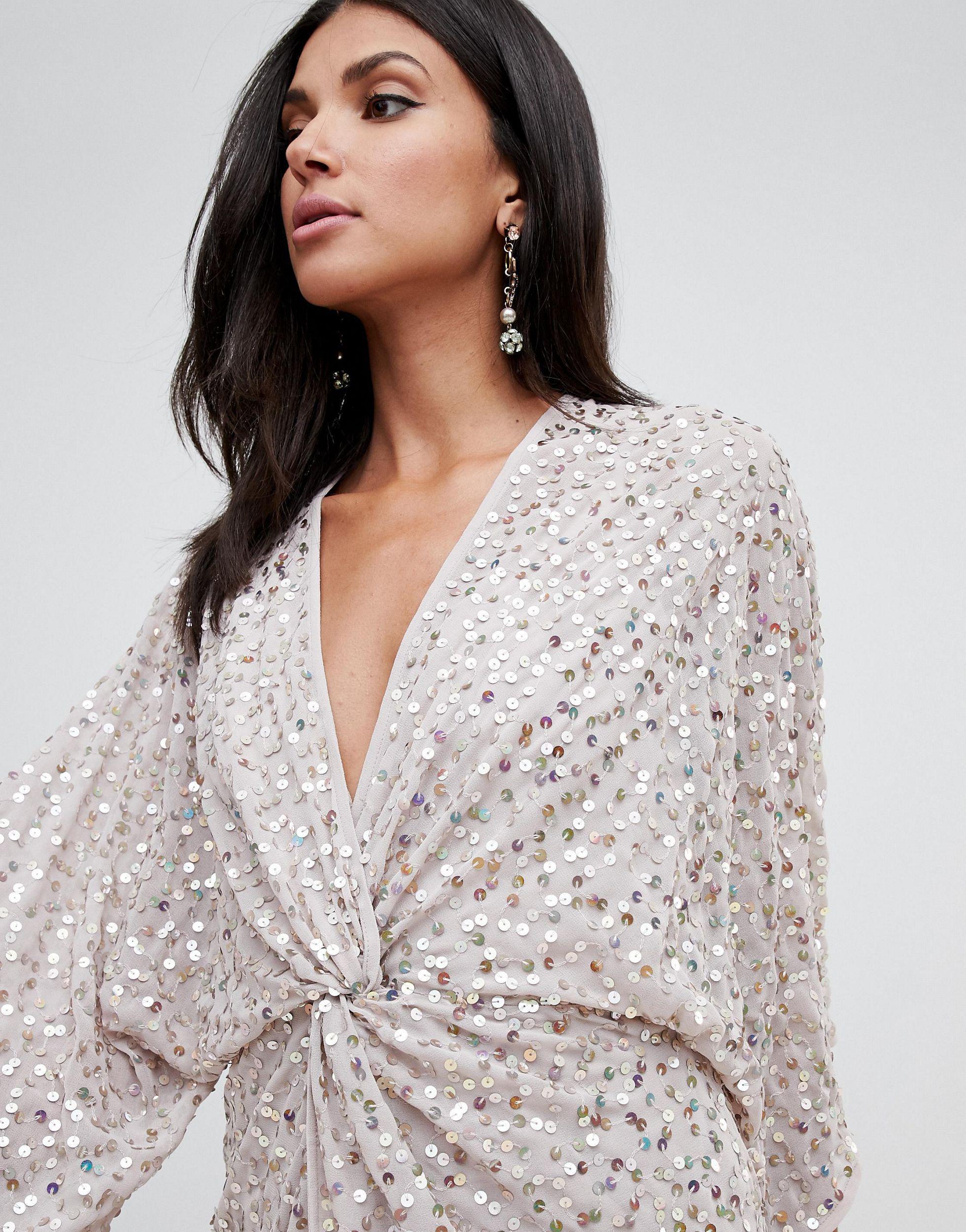 asos design scatter sequin knot front kimono mini dress