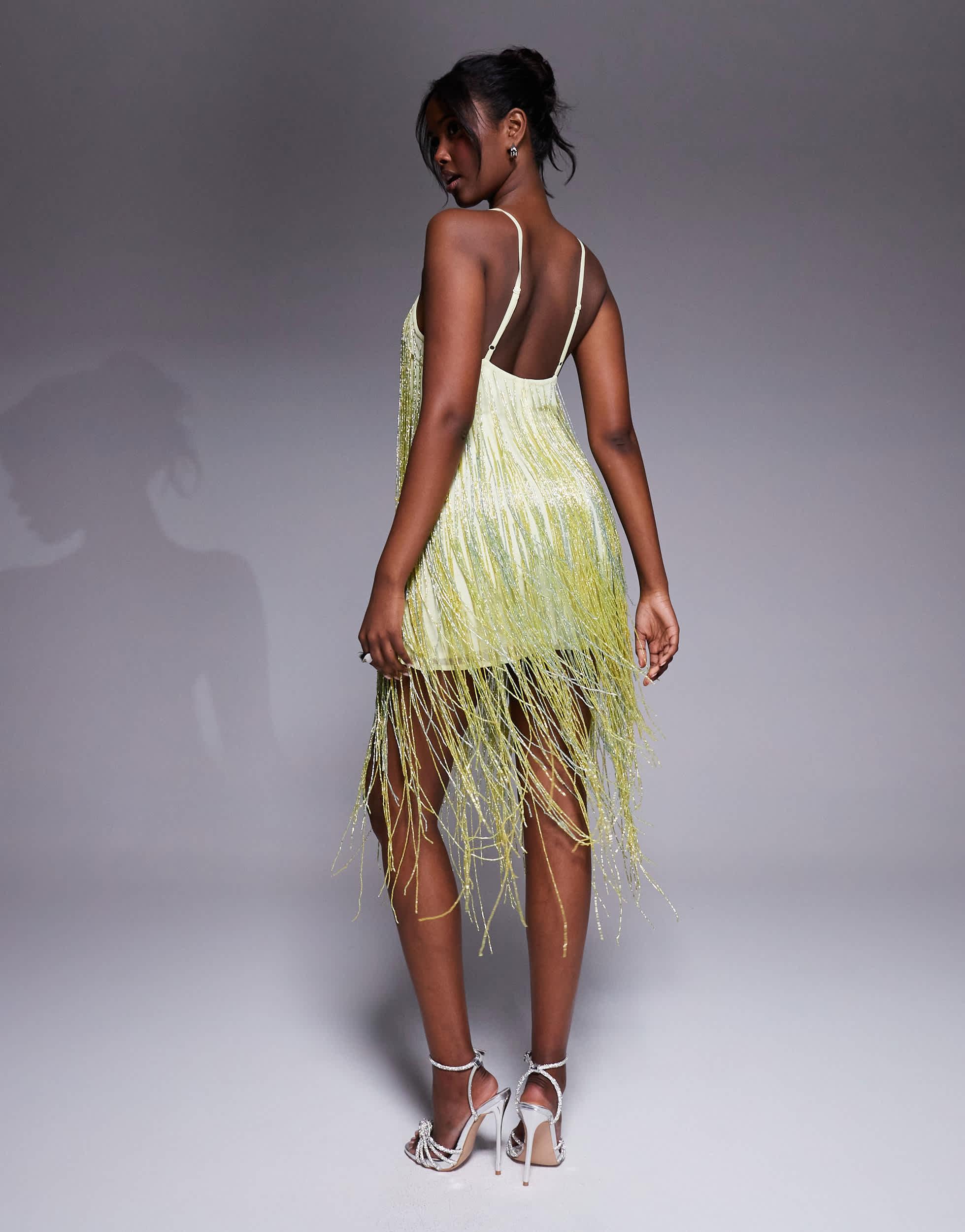 beaded cami dress ASOS Fringe Mini in Yellow Sequin Sleeve Length:Standard - 34