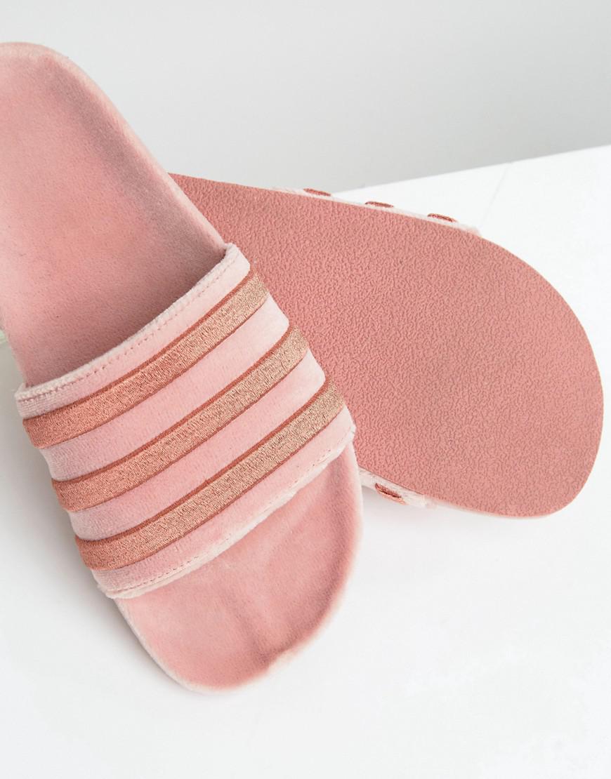 pink velvet adidas slides