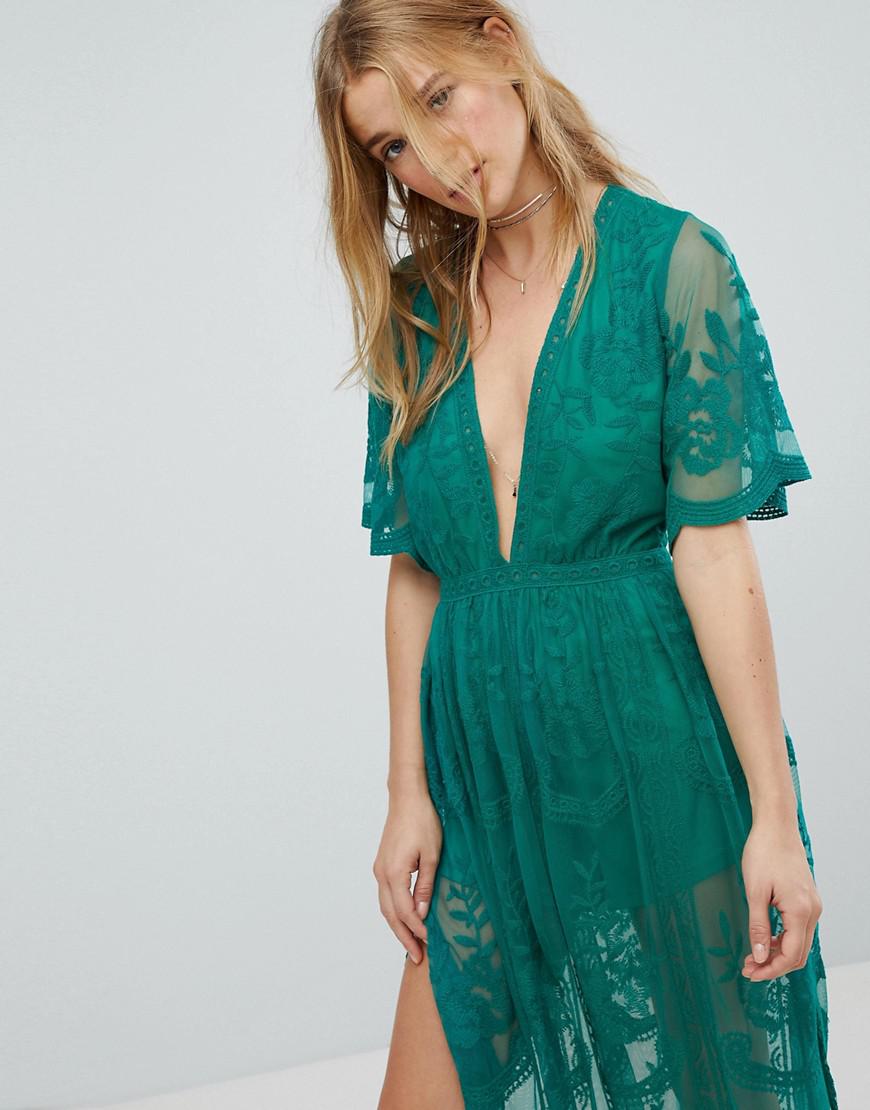 Honey Punch Maxi Dress In Premium Lace With Kimono Sleeves in Green | Lyst