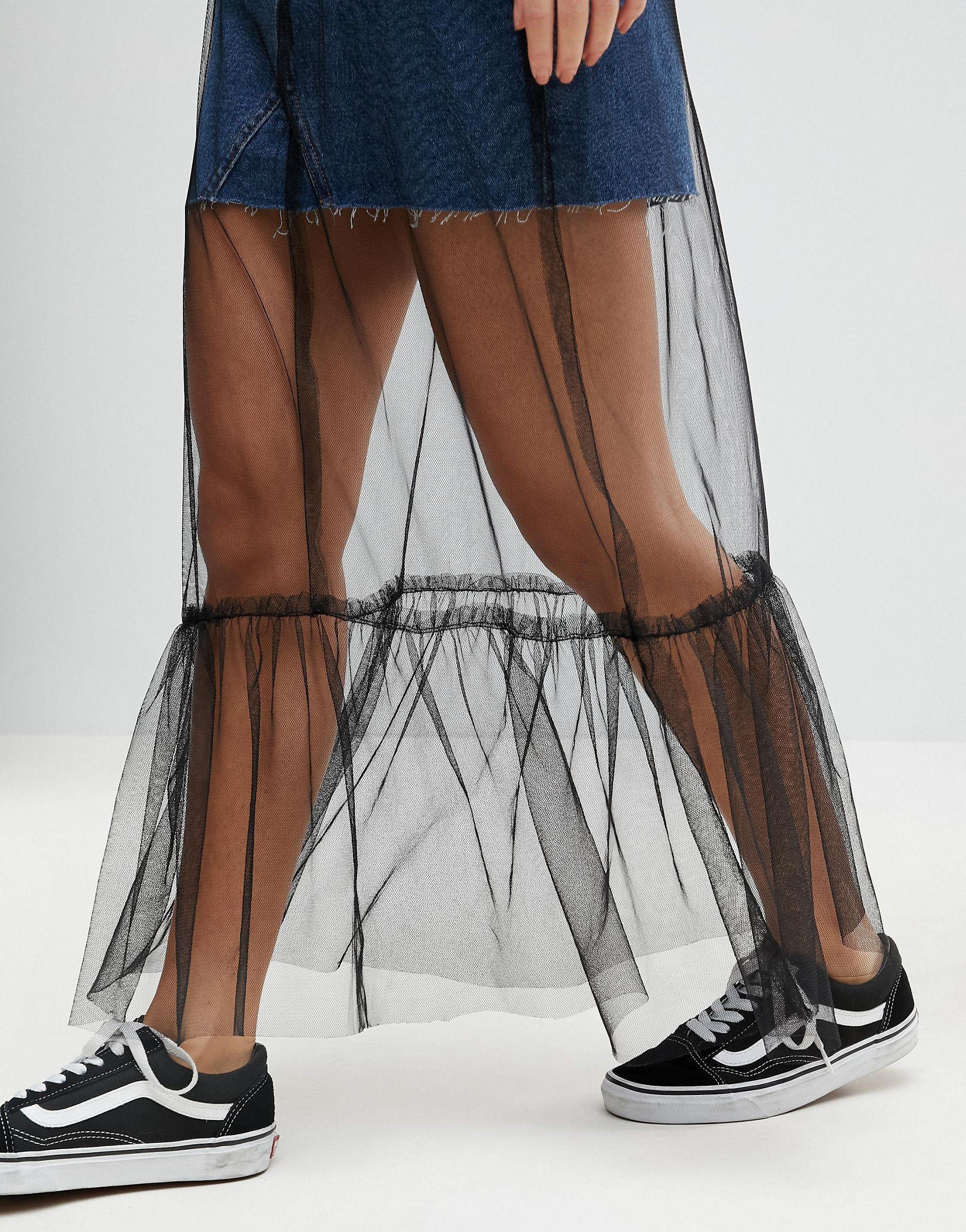 denim skirt with mesh overlay