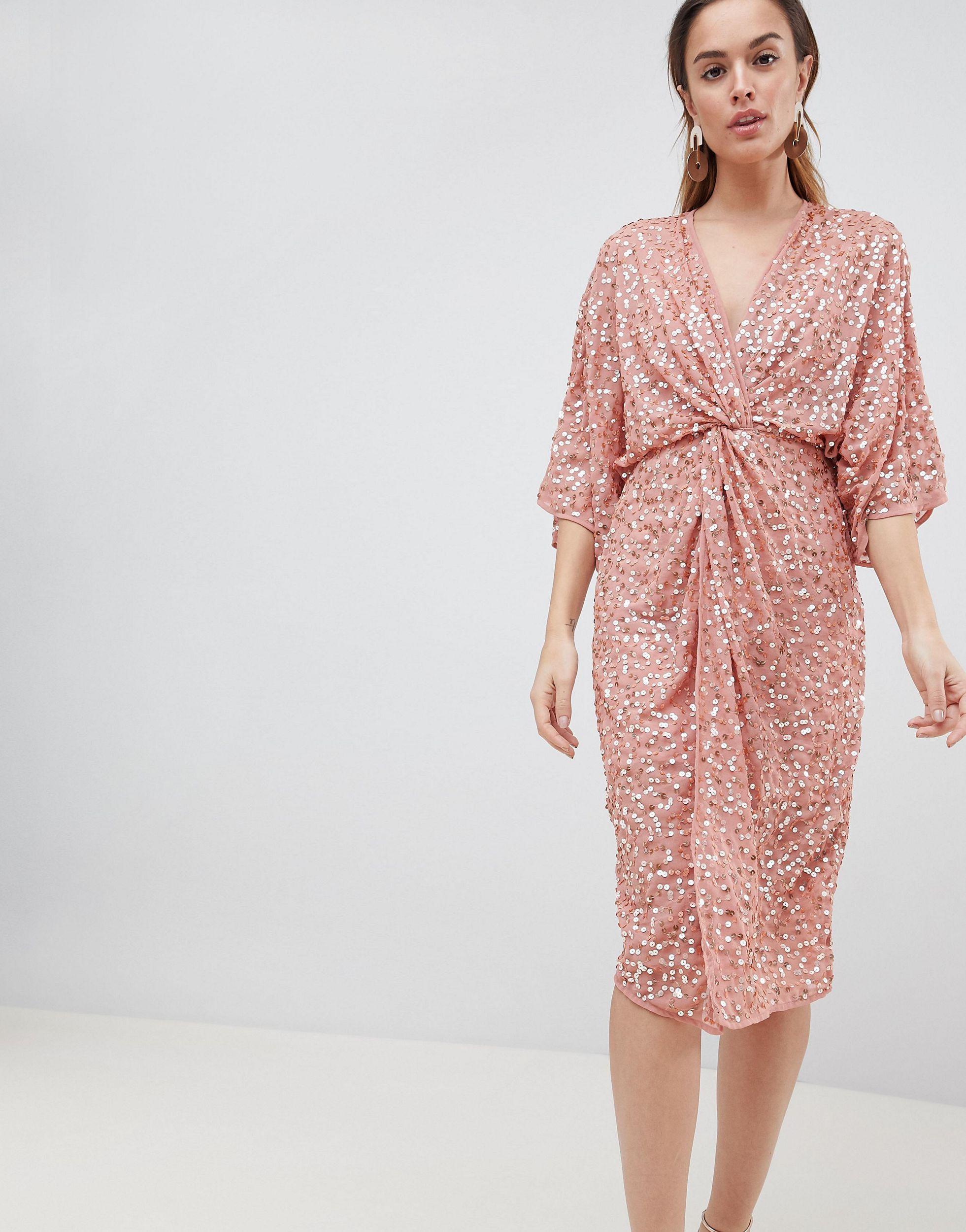 ASOS Denim Scatter Sequin Knot Front Kimono Midi Dress - Lyst