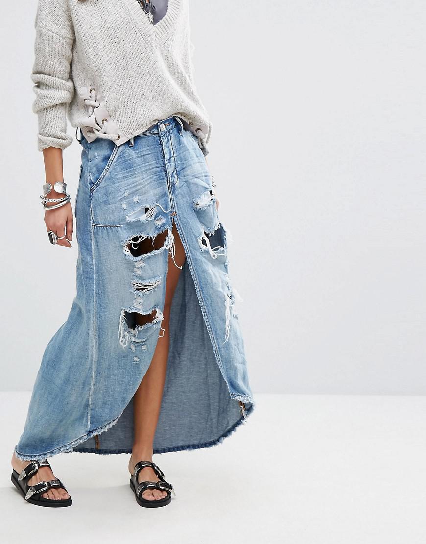 One Teaspoon Denim Maxi Skirt With Slit And Distressing in Blue | Lyst