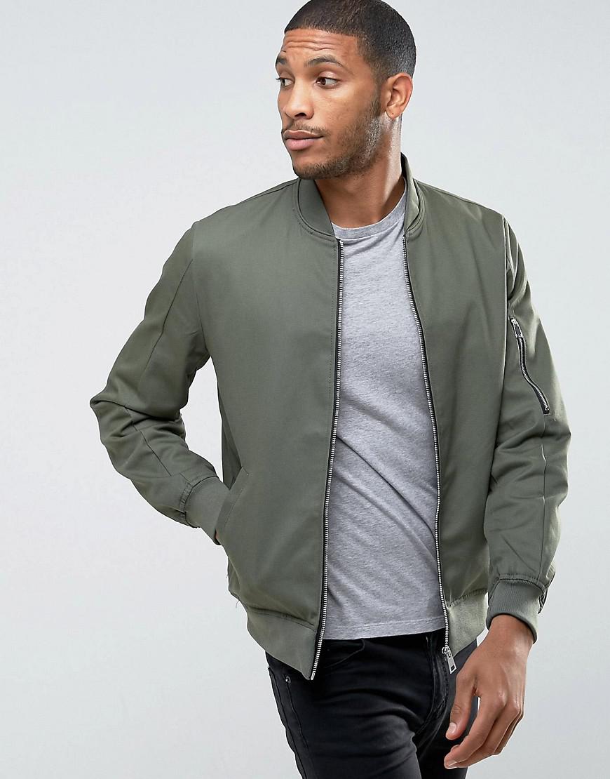 ASOS Asos Cotton Bomber Jacket With Sleeve Zip in Green for Men | Lyst UK
