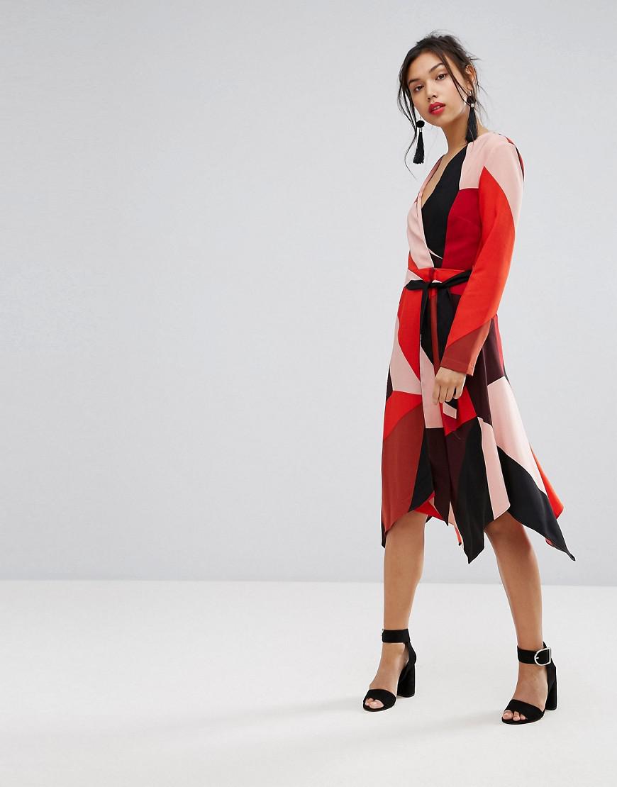 Warehouse Synthetic Colourblock Wrap Dress in Red | Lyst