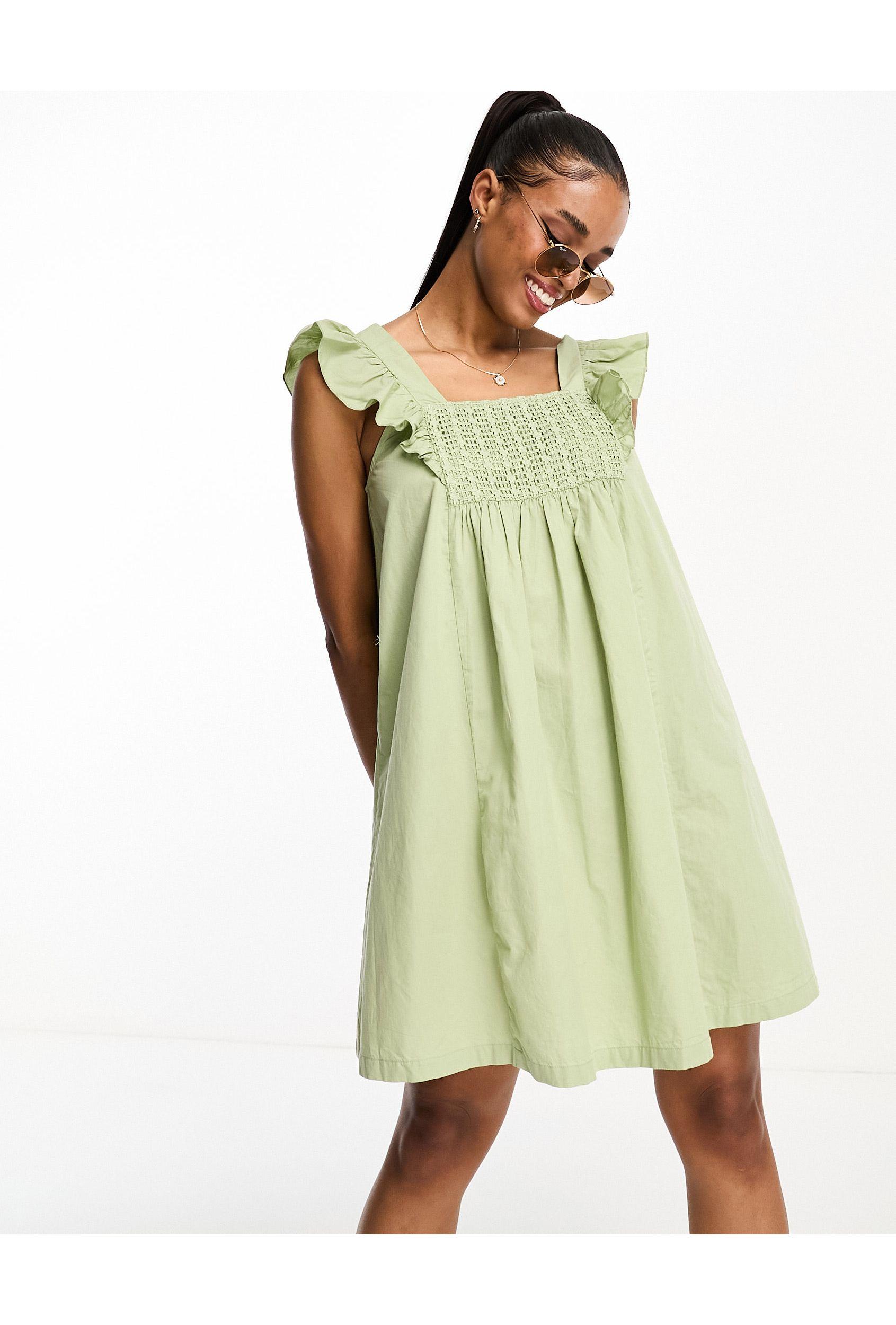 Vero Moda Square Neck Smock Mini Dress With in Green | Lyst