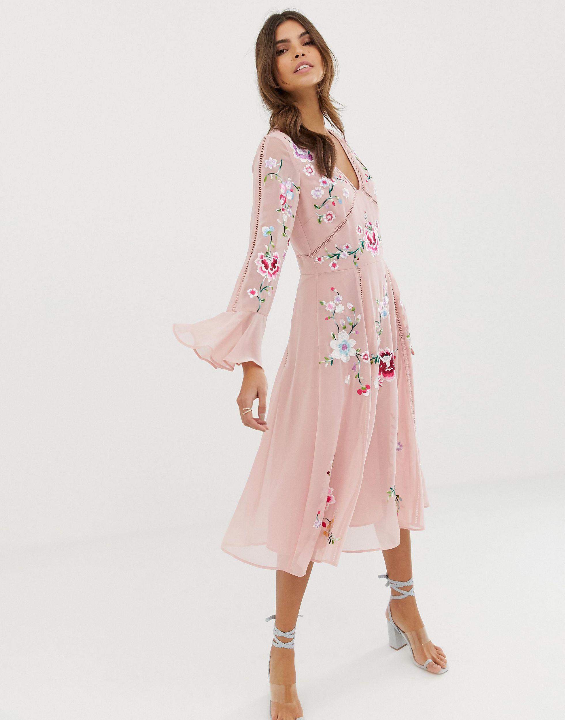 ASOS Denim Embroidered Midi Dress With Lace Trims-pink | Lyst Canada