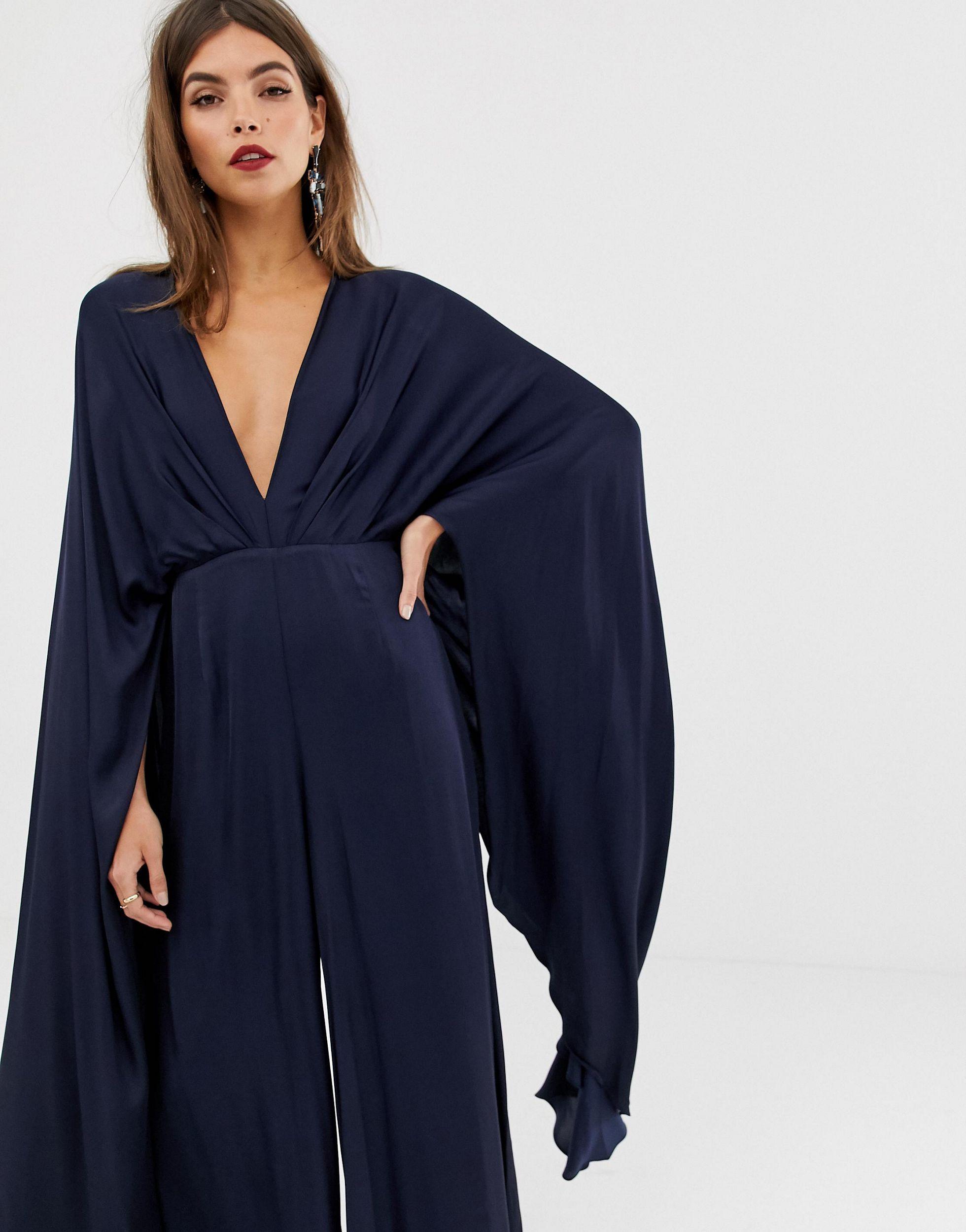 ASOS Satin Cape Sleeve Jumpsuit in Navy (Blue) - Lyst