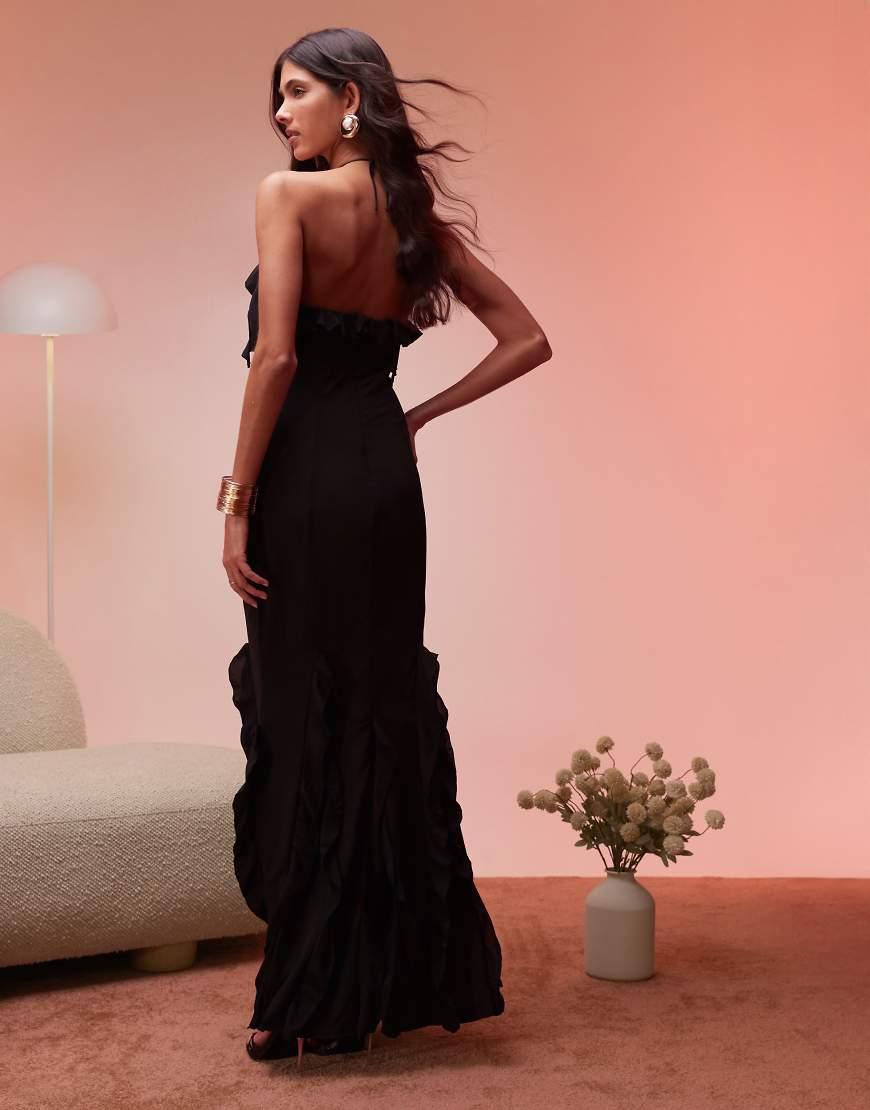 Oh Polly Mireya Ruffle Trim Halterneck Maxi in Black Lyst UK