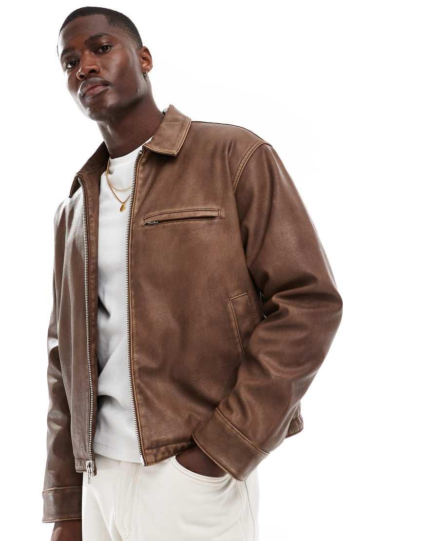 ジャケット・アウター ABEUNDMOR FAUX LEATHER JACKET BROWN Abercrombie & Fitch Cropped Zip Front Washed Faux Leather Biker