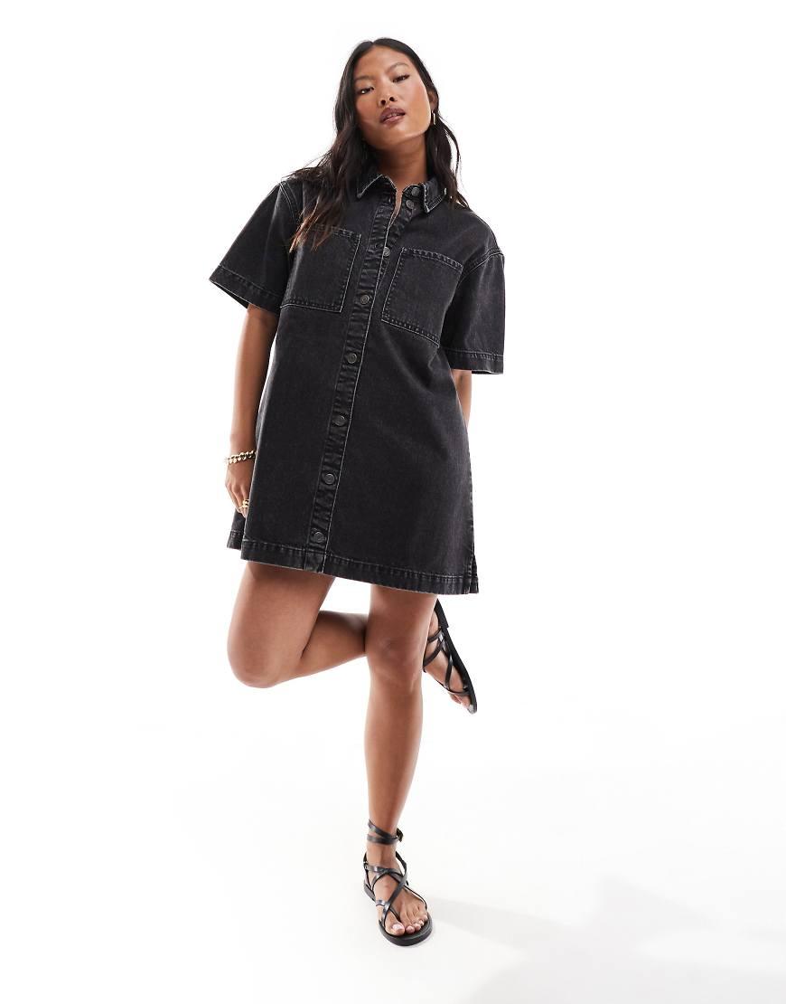asos petite denim dress ASOS DESIGN denim trapeze mini dress in light blue